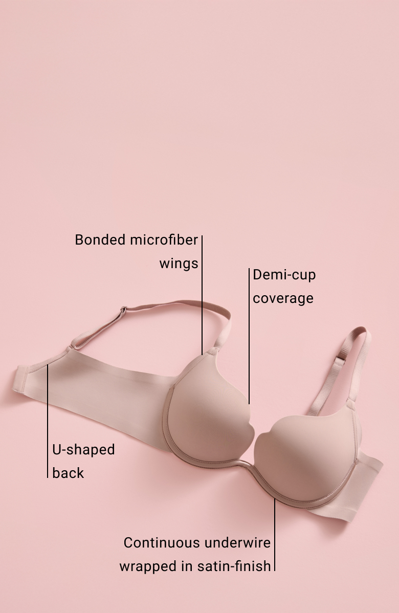 Banner featuring several photos of a model wearing a crushed berry-colored bra