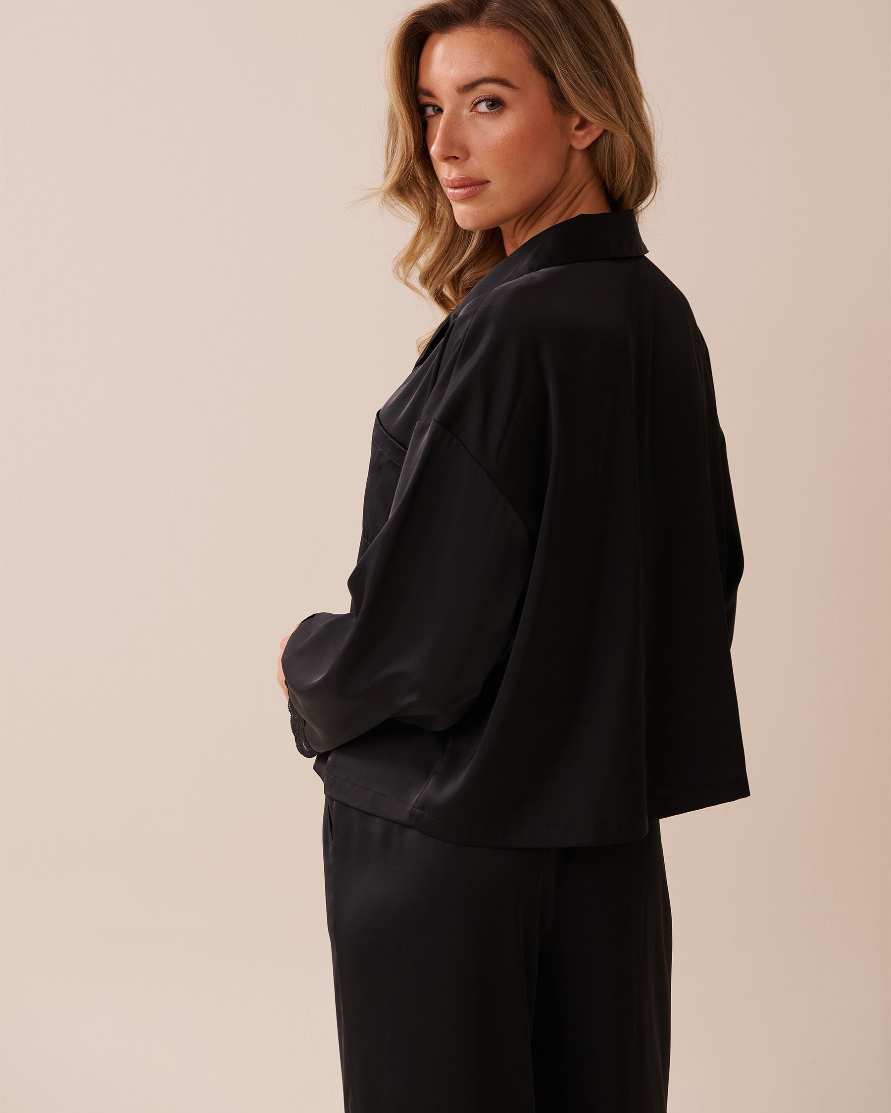LA VIE EN ROSE Satin and Lace Trim Long Sleeve Button-down Shirt Black 60100144 - View5
