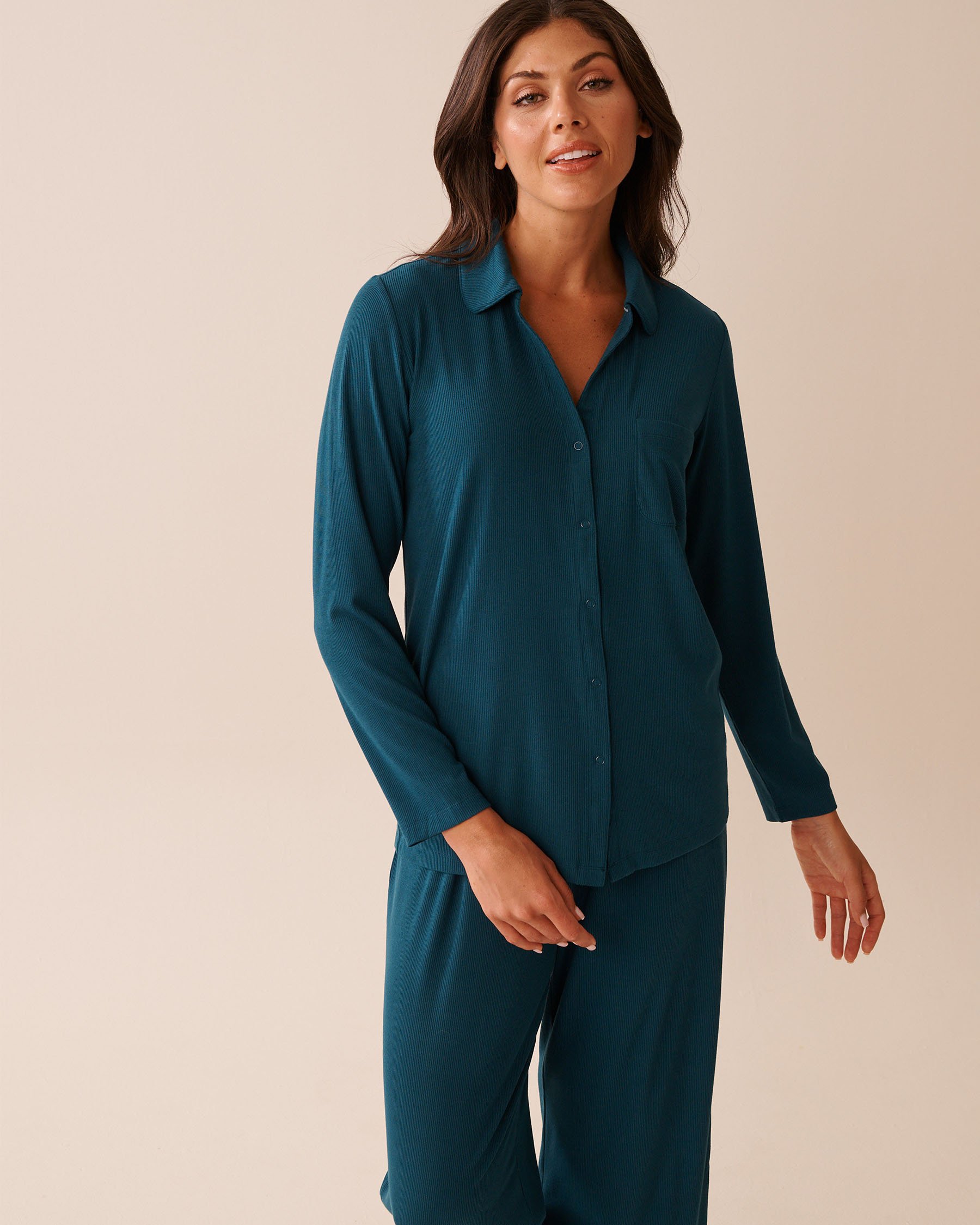 LA VIE EN ROSE Ribbed Modal Long Sleeve Button-down Shirt Dark Cyan 60100152 - View1