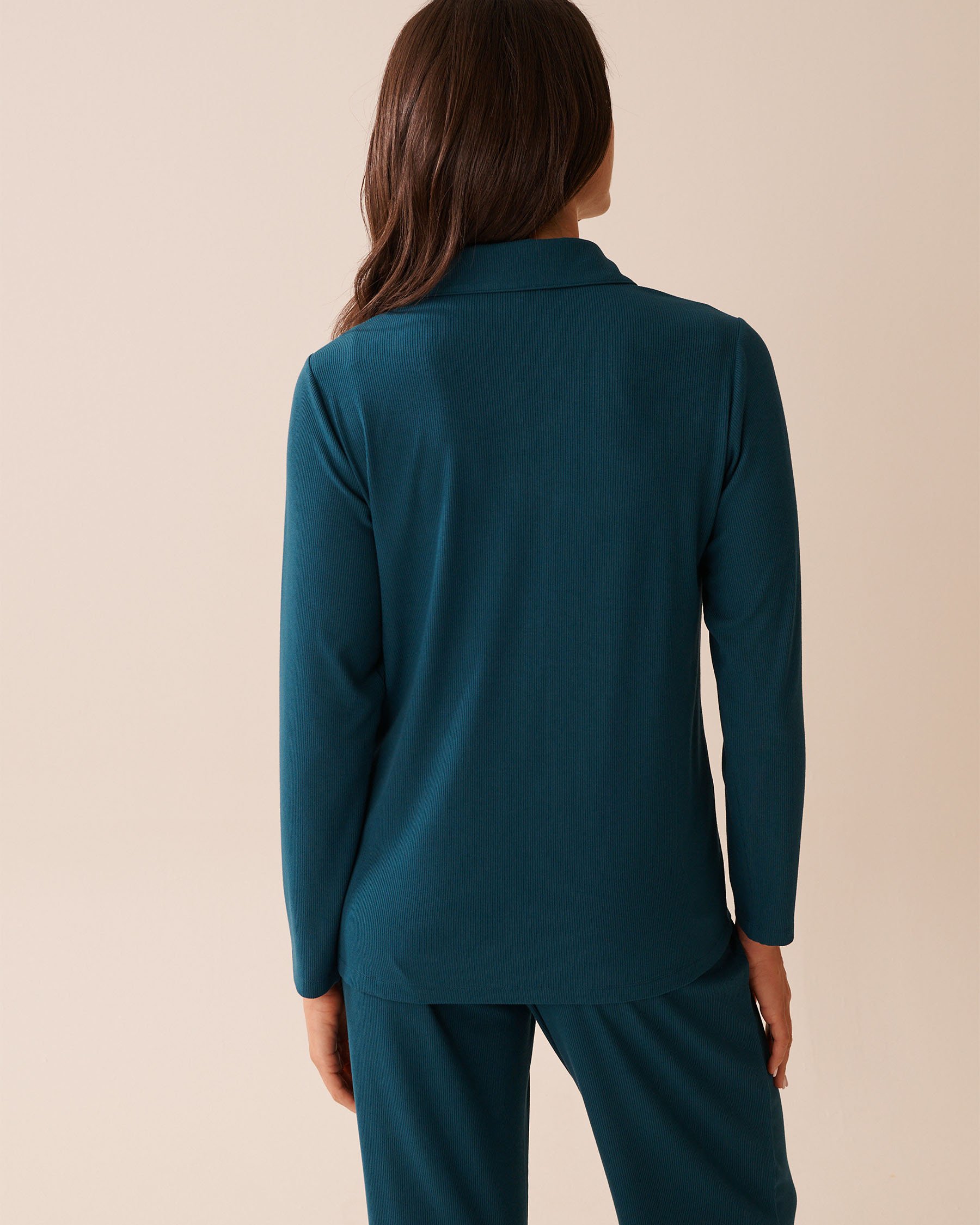 LA VIE EN ROSE Ribbed Modal Long Sleeve Button-down Shirt Dark Cyan 60100152 - View2