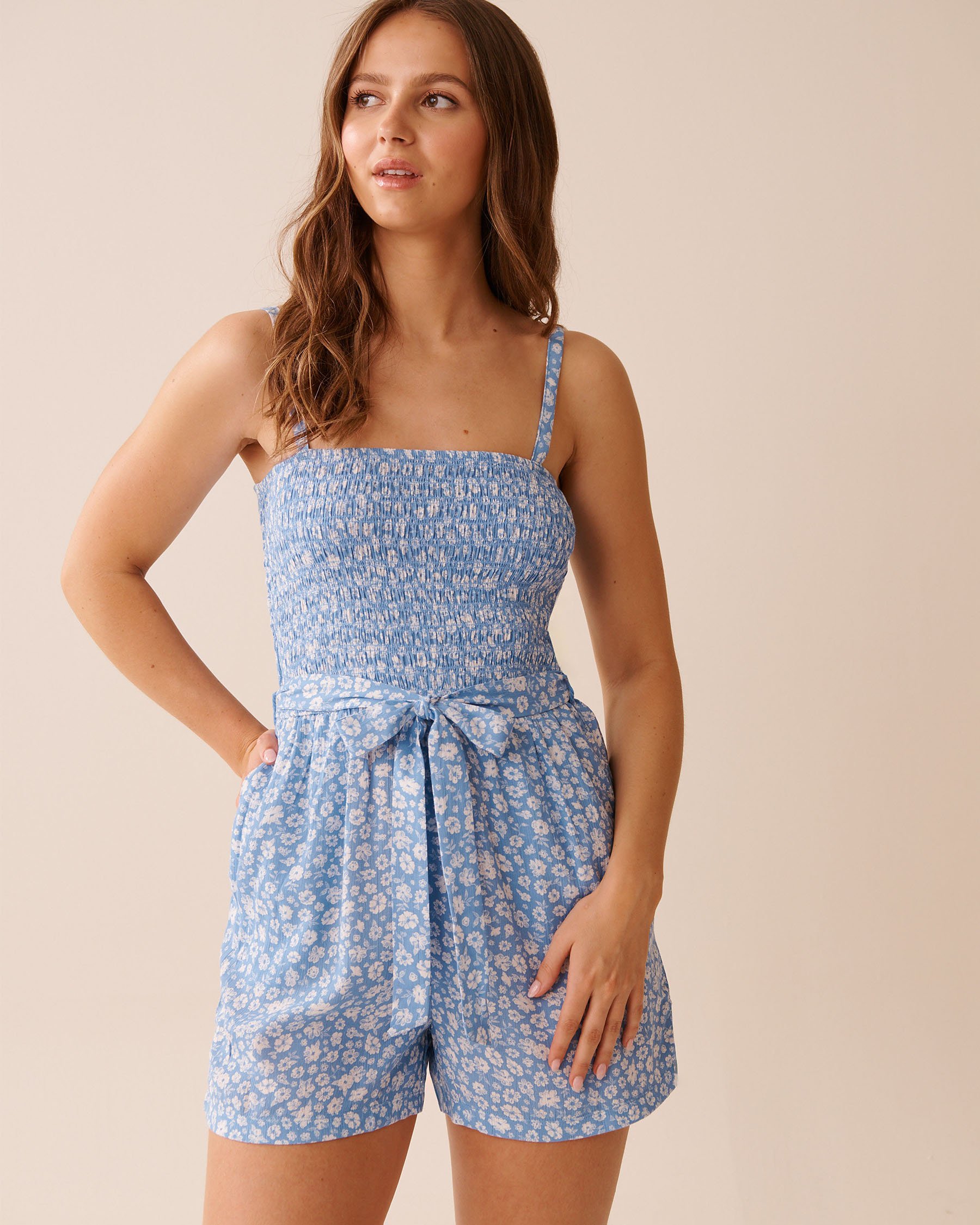 LA VIE EN ROSE AQUA Floral Smocked Bust Gauze Romper Blue Meadow 80300125 - View1