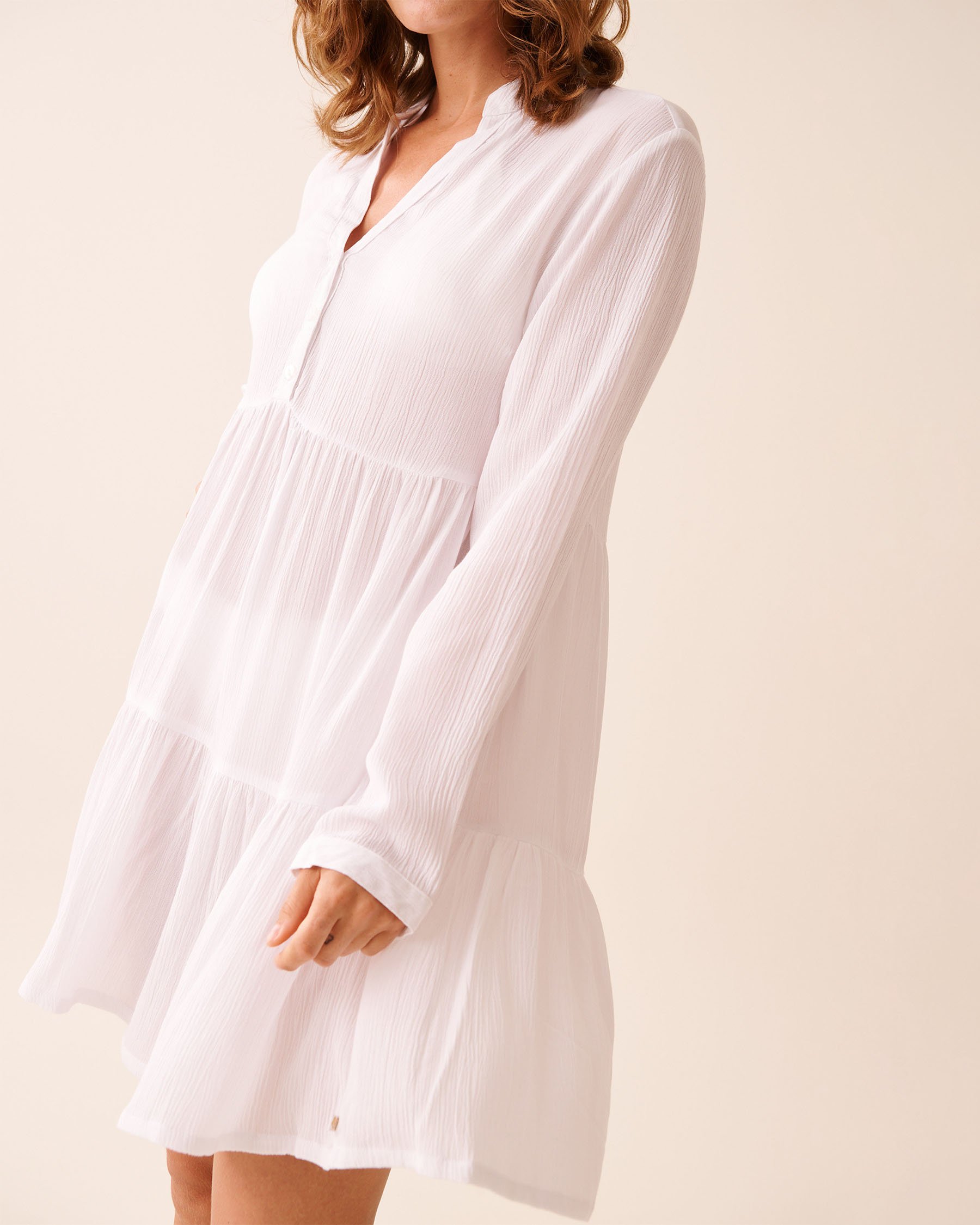 LA VIE EN ROSE AQUA Long Sleeve Tiered Gauze Dress White 80300123 - View5