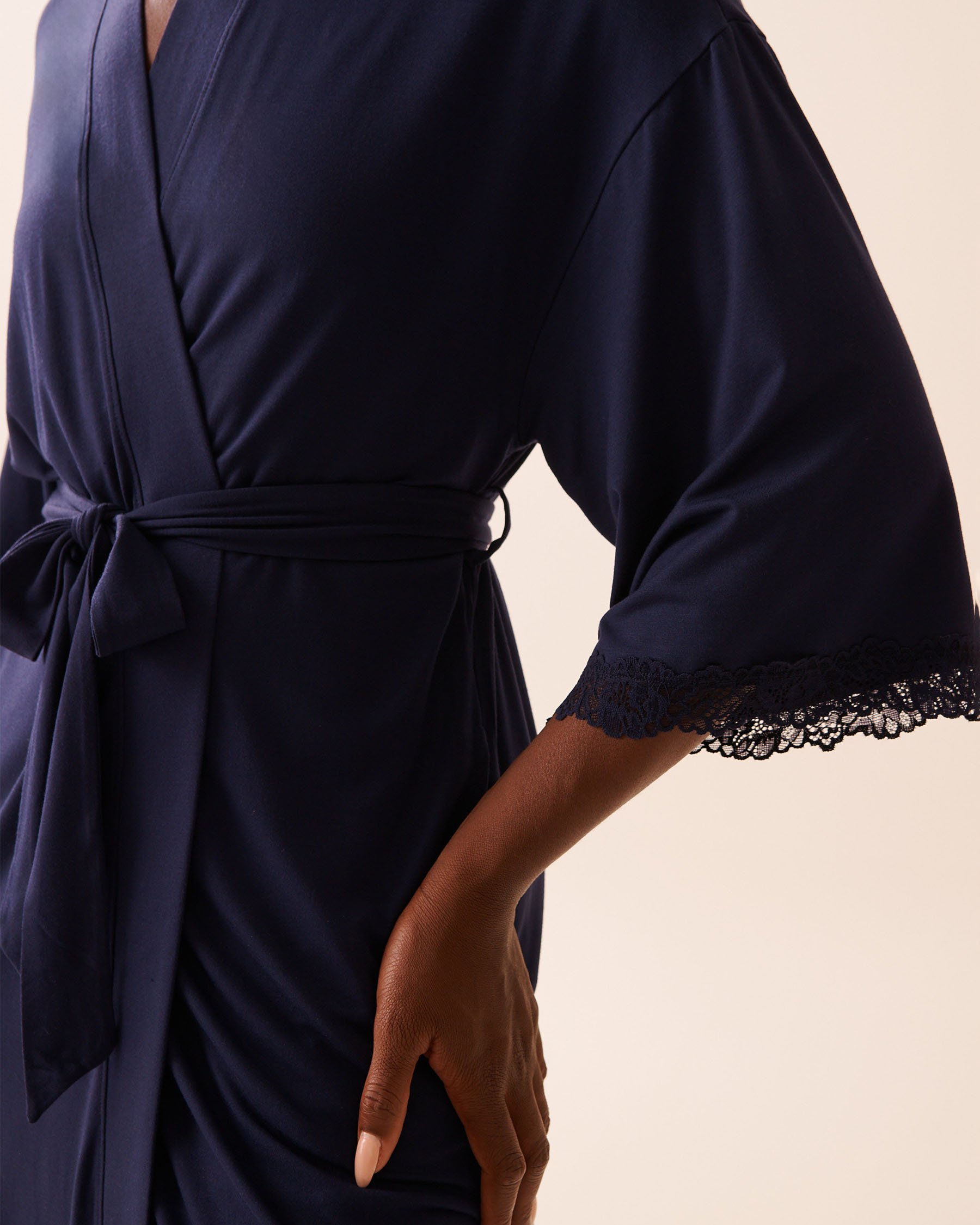 LA VIE EN ROSE Lace Trim Modal Kimono Evening Blue 60600108 - View3