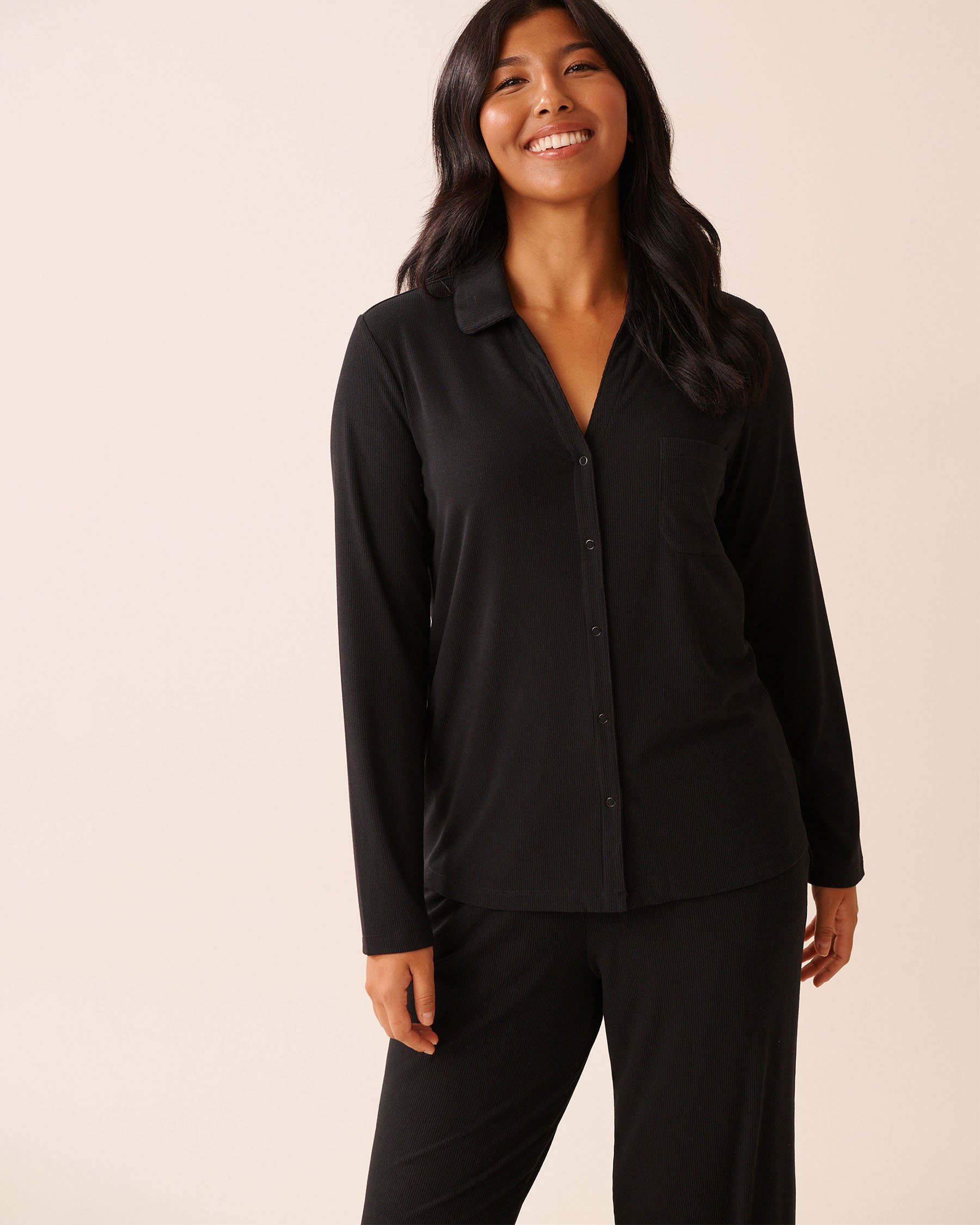 LA VIE EN ROSE Ribbed Modal Long Sleeve Button-down Shirt Black 60100173 - View1