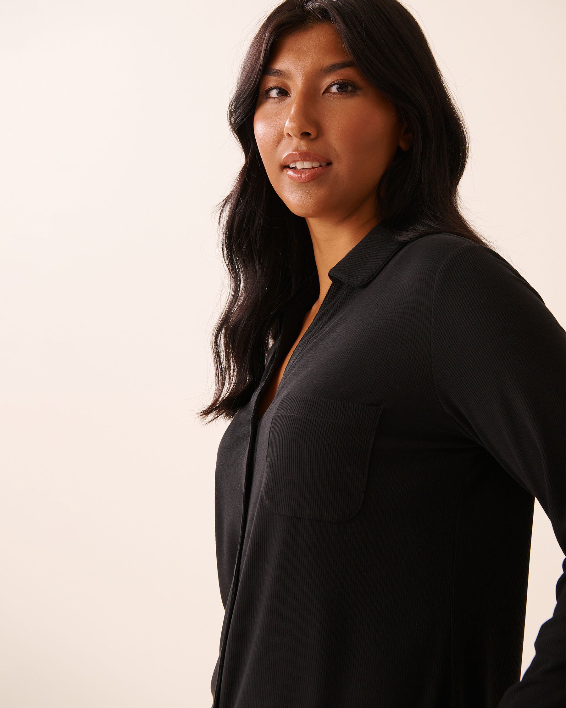 LA VIE EN ROSE Ribbed Modal Long Sleeve Button-down Shirt Black 60100173 - View3