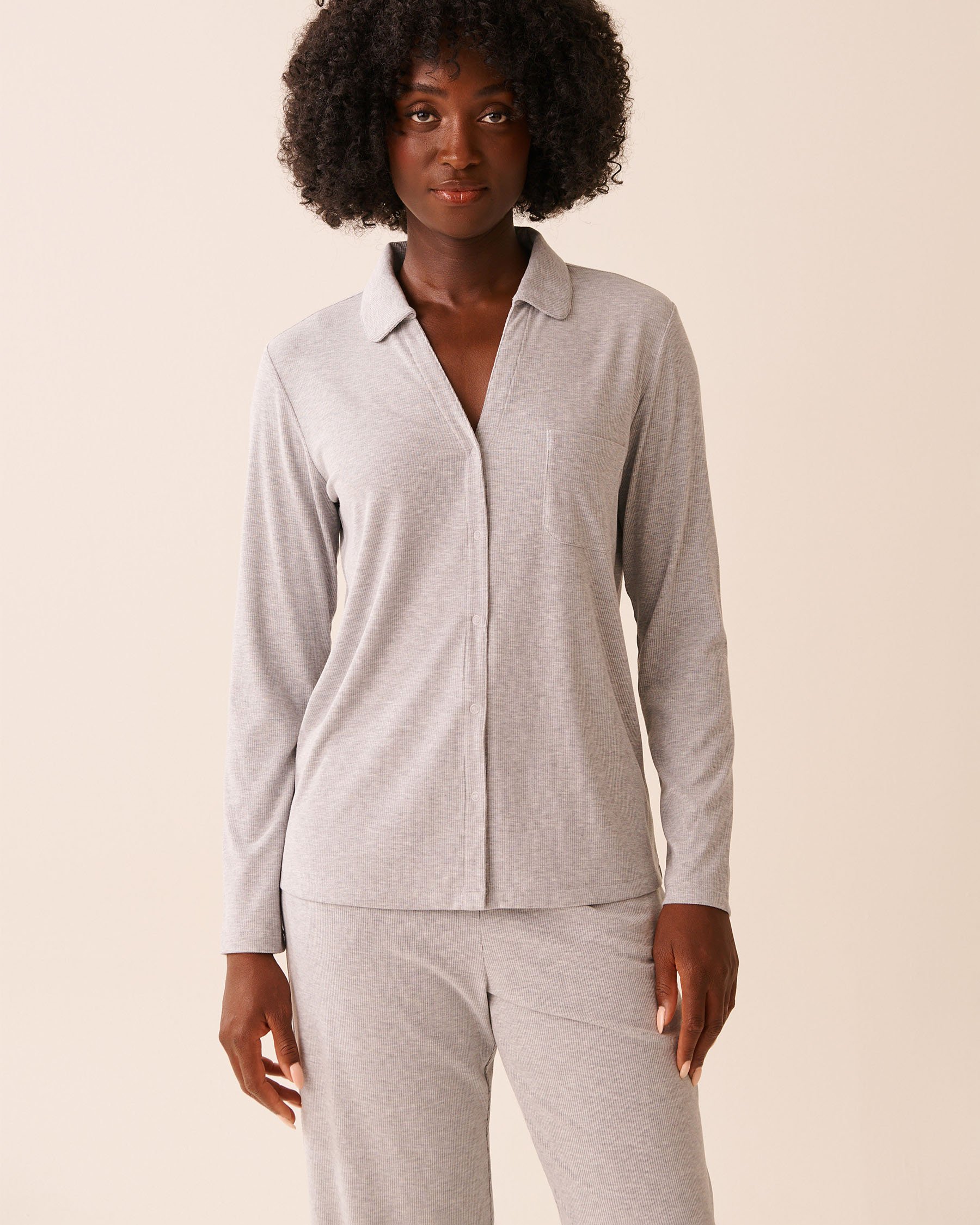LA VIE EN ROSE Ribbed Modal Long Sleeve Button-down Shirt Grey 60100173 - View1