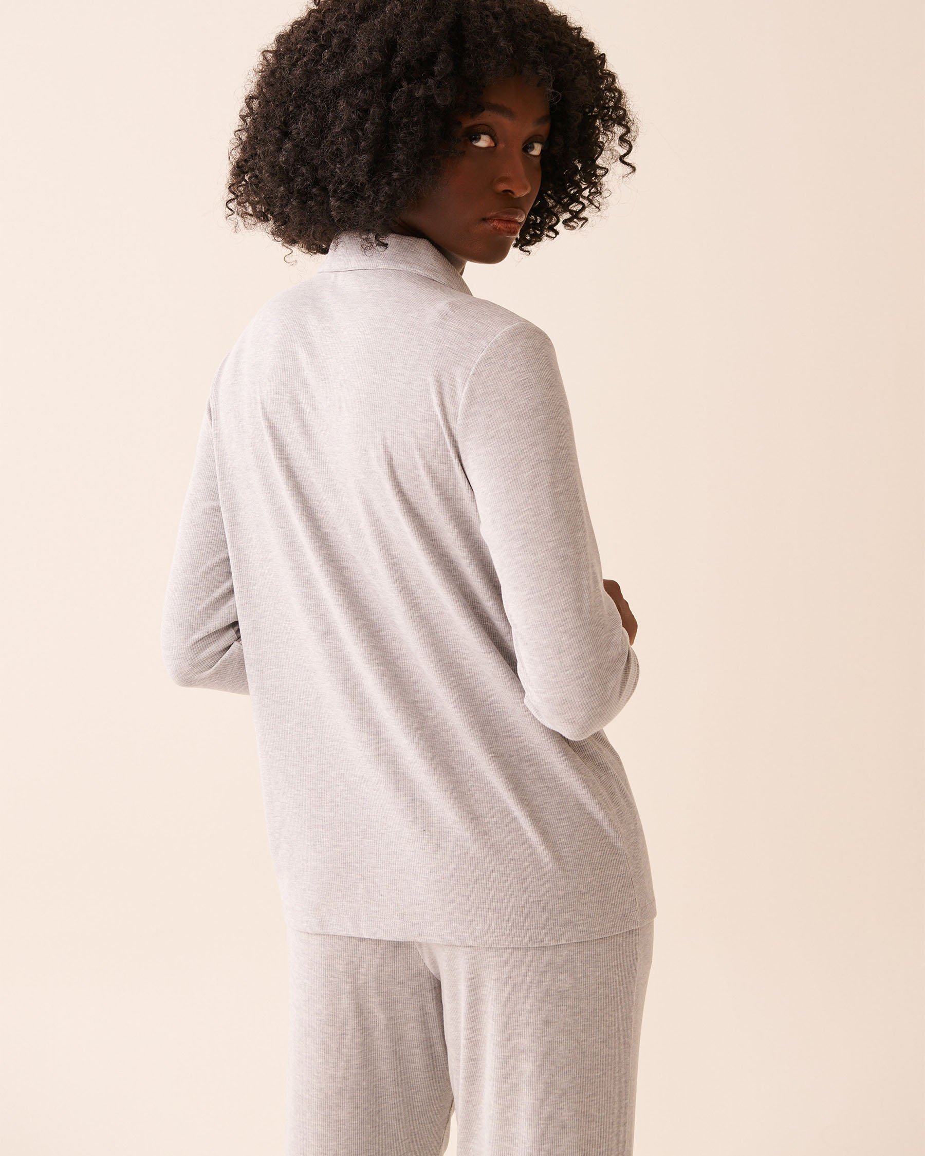 LA VIE EN ROSE Ribbed Modal Long Sleeve Button-down Shirt Grey 60100173 - View2