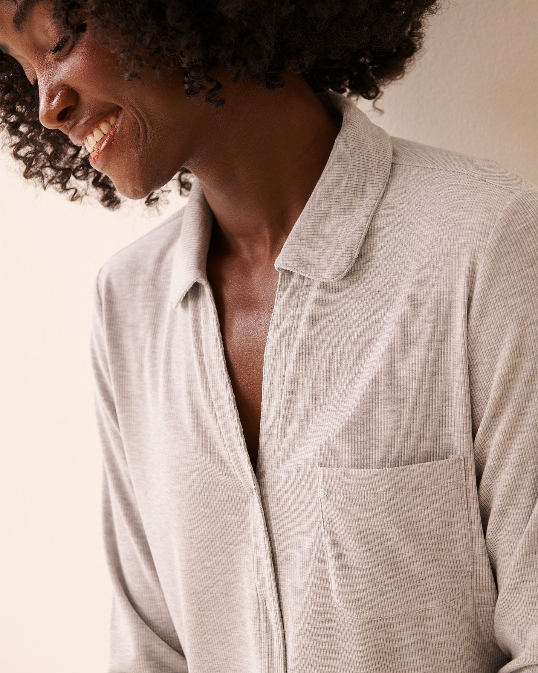 LA VIE EN ROSE Ribbed Modal Long Sleeve Button-down Shirt Grey 60100173 - View3
