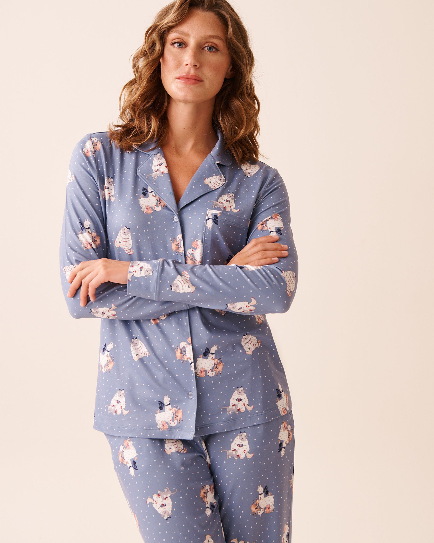 LA VIE EN ROSE Farm Friends Print Super Soft Button-down Shirt Light Blue/Farm Animals 40100805 - View1