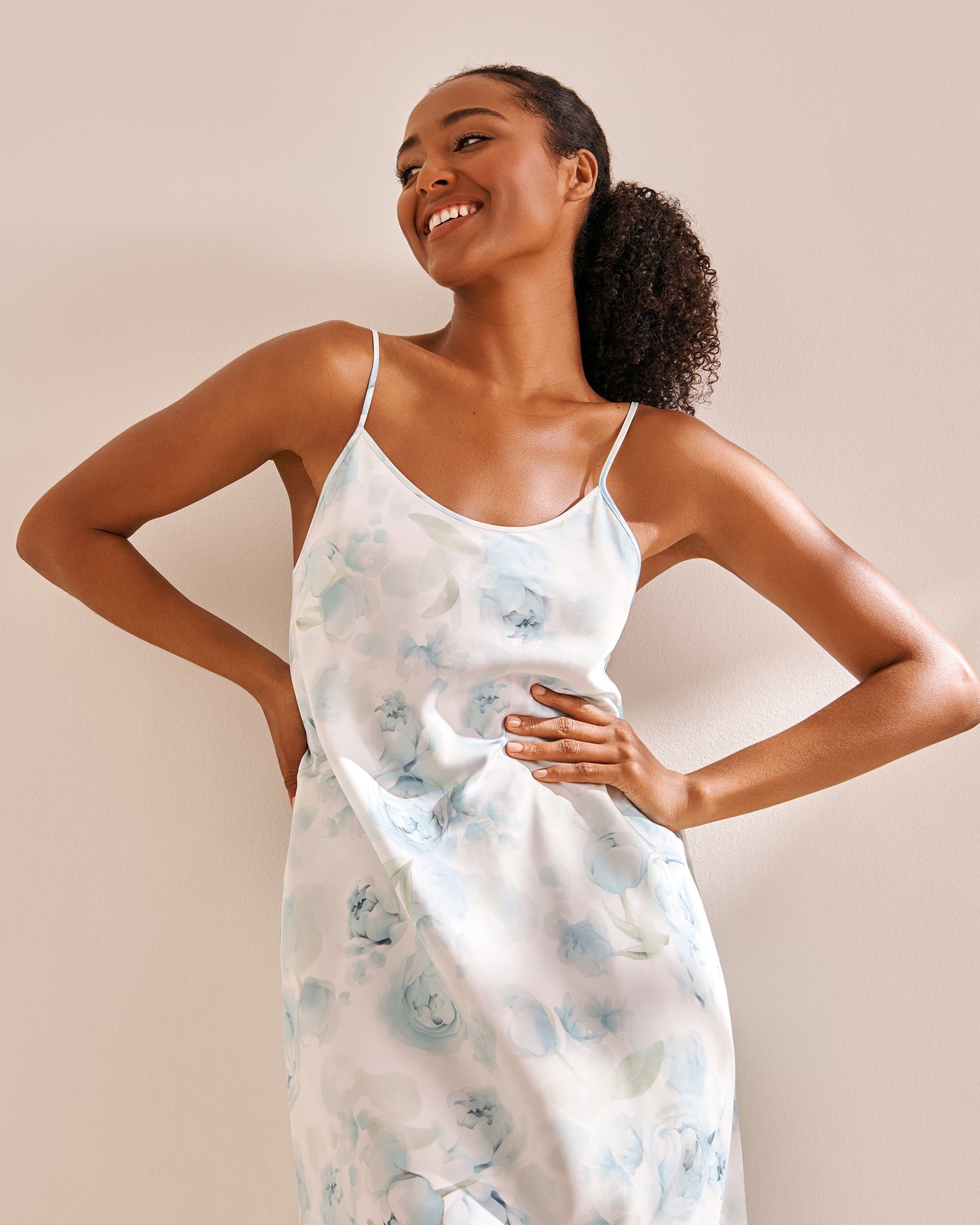 LA VIE EN ROSE Blue Rose Print Long Satin Nightie Blue Rose 60500188 - View3