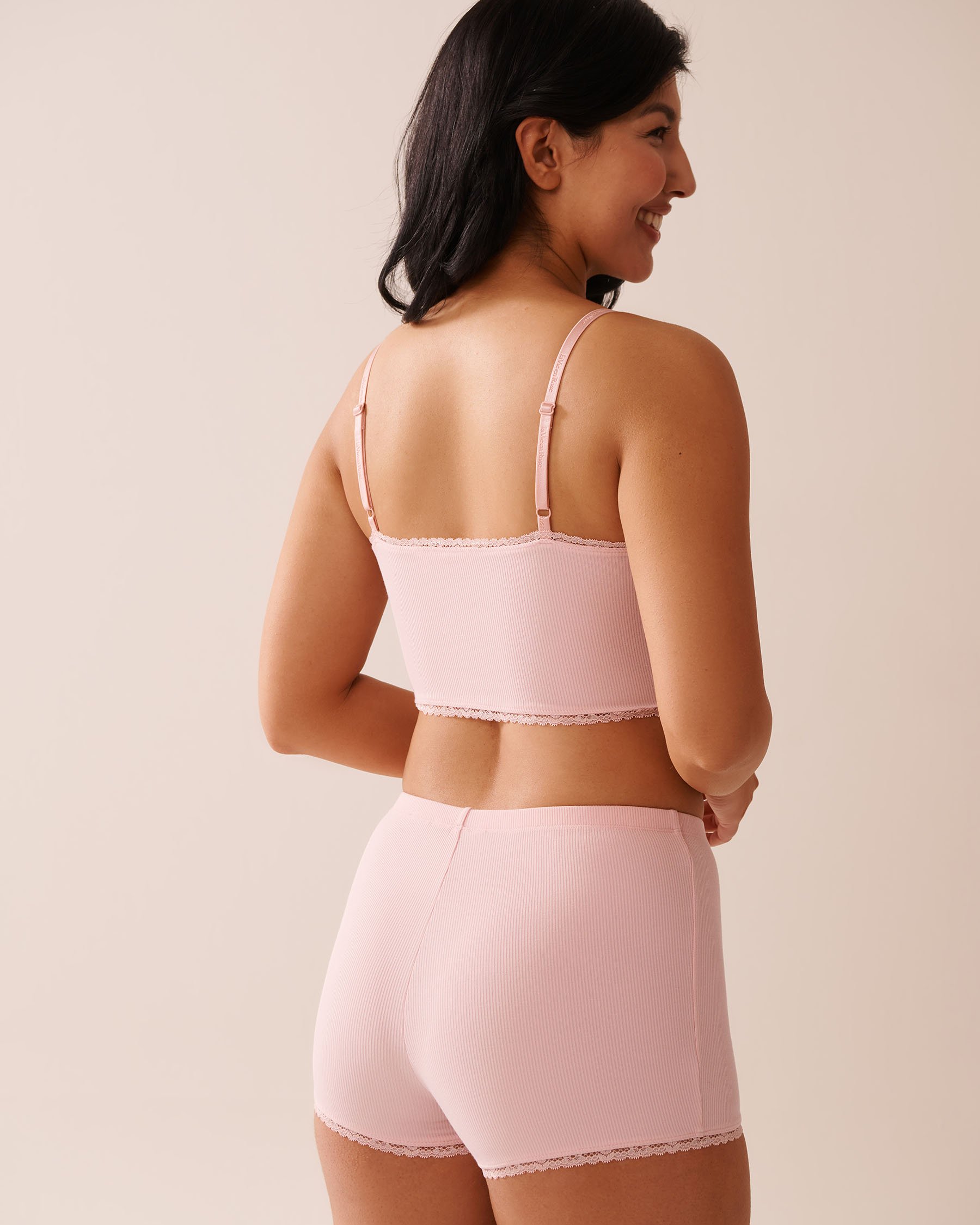 LA VIE EN ROSE Ribbed Modal and Lace Trim Crop Cami Peony Pink 60100137 - View3