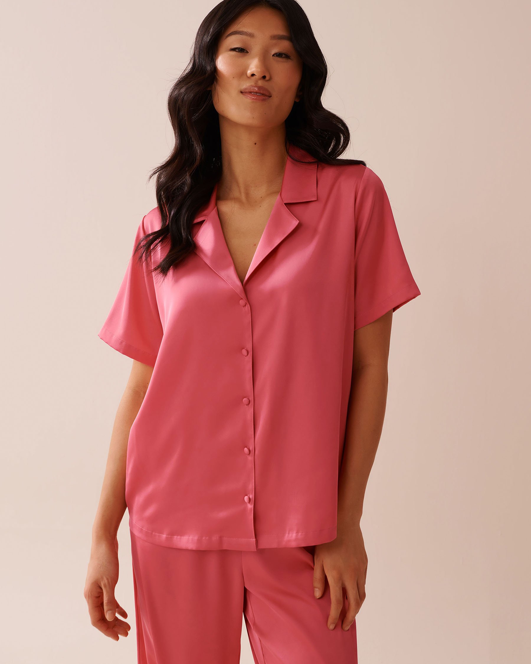 LA VIE EN ROSE Satin Short Sleeve Button-down Shirt Watermelon Pink 60100135 - View1