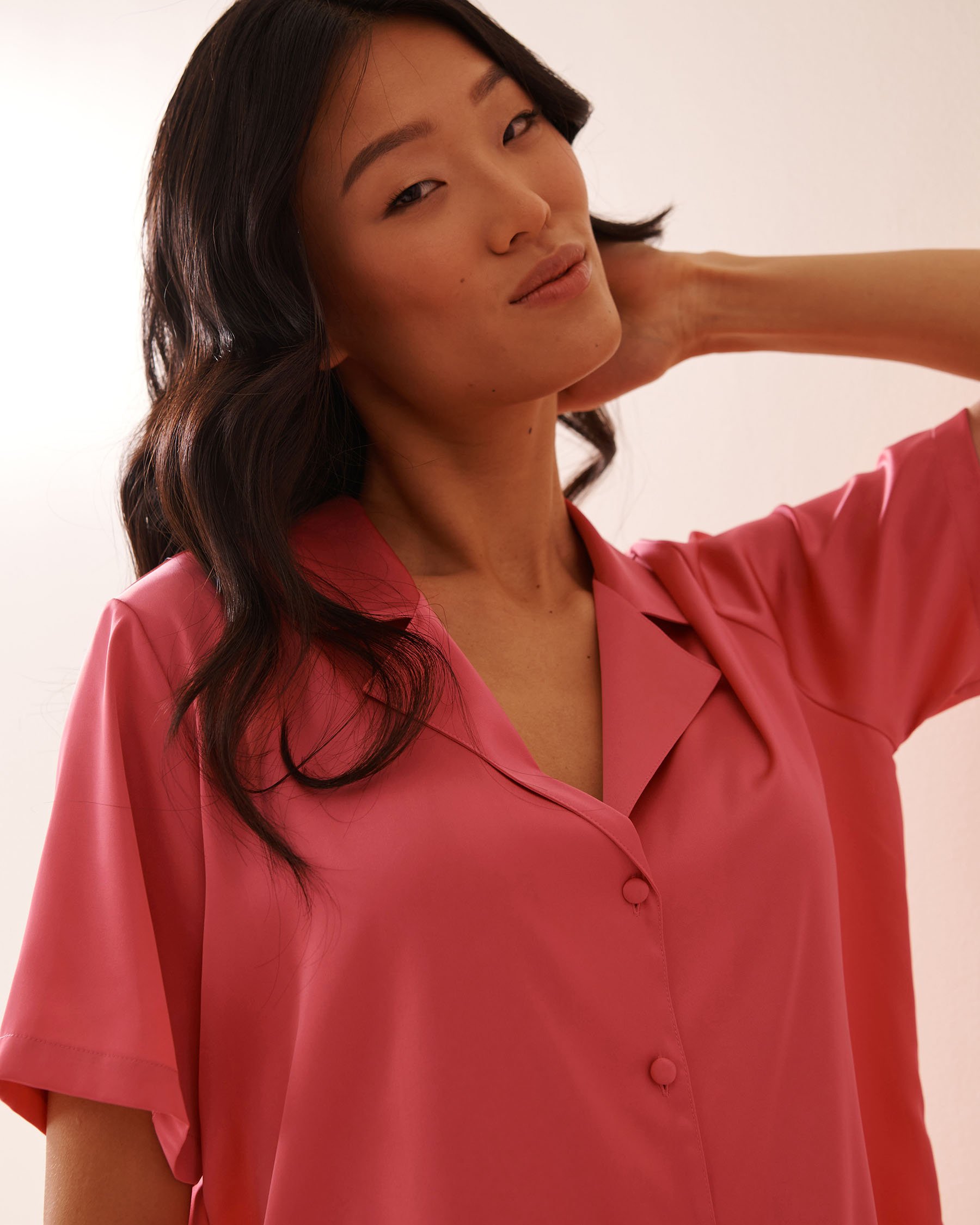 LA VIE EN ROSE Satin Short Sleeve Button-down Shirt Watermelon Pink 60100135 - View3