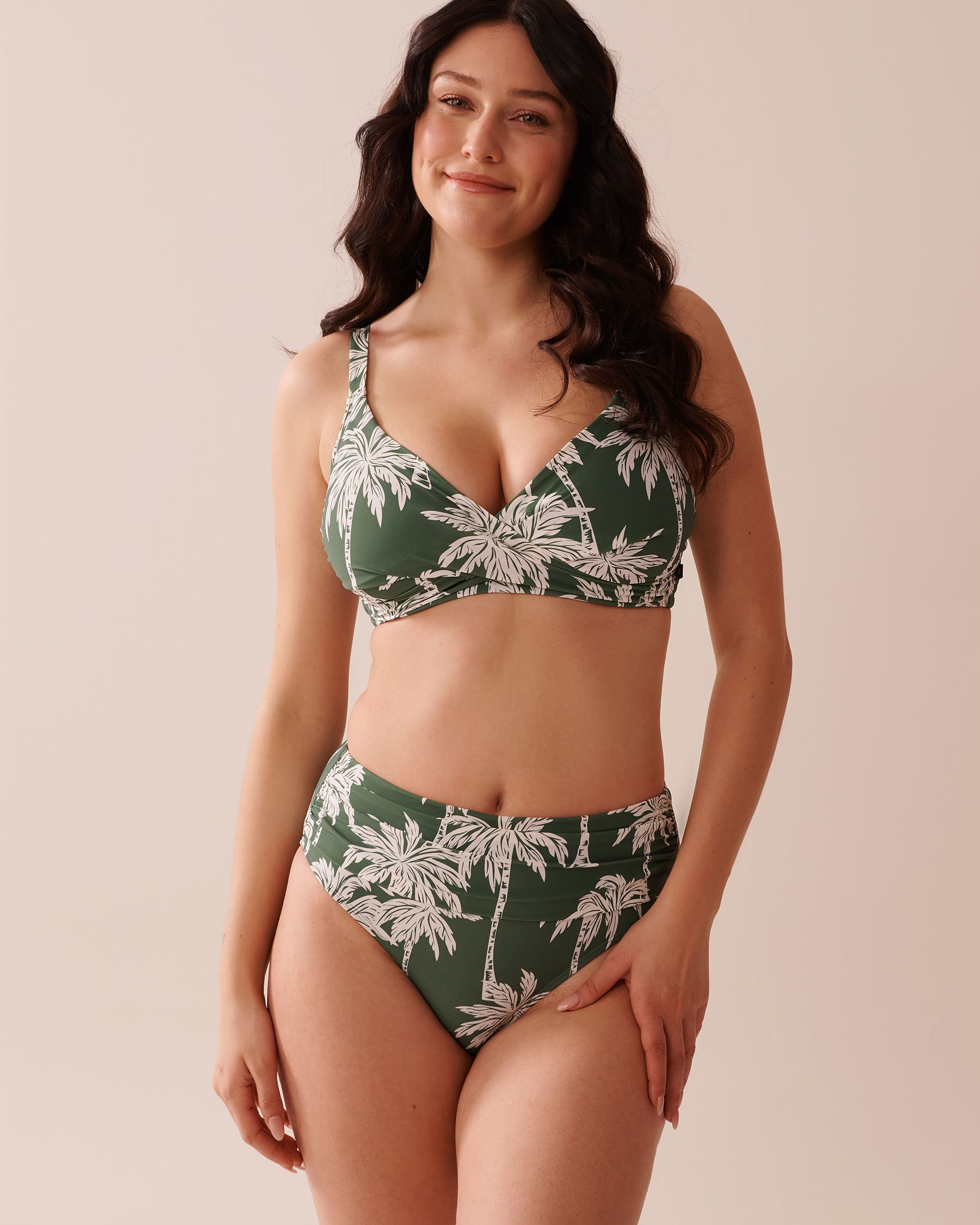 LA VIE EN ROSE AQUA KHAKI PALM Draped Mid Waist Bikini Bottom Khaki Palm 70300730 - View3