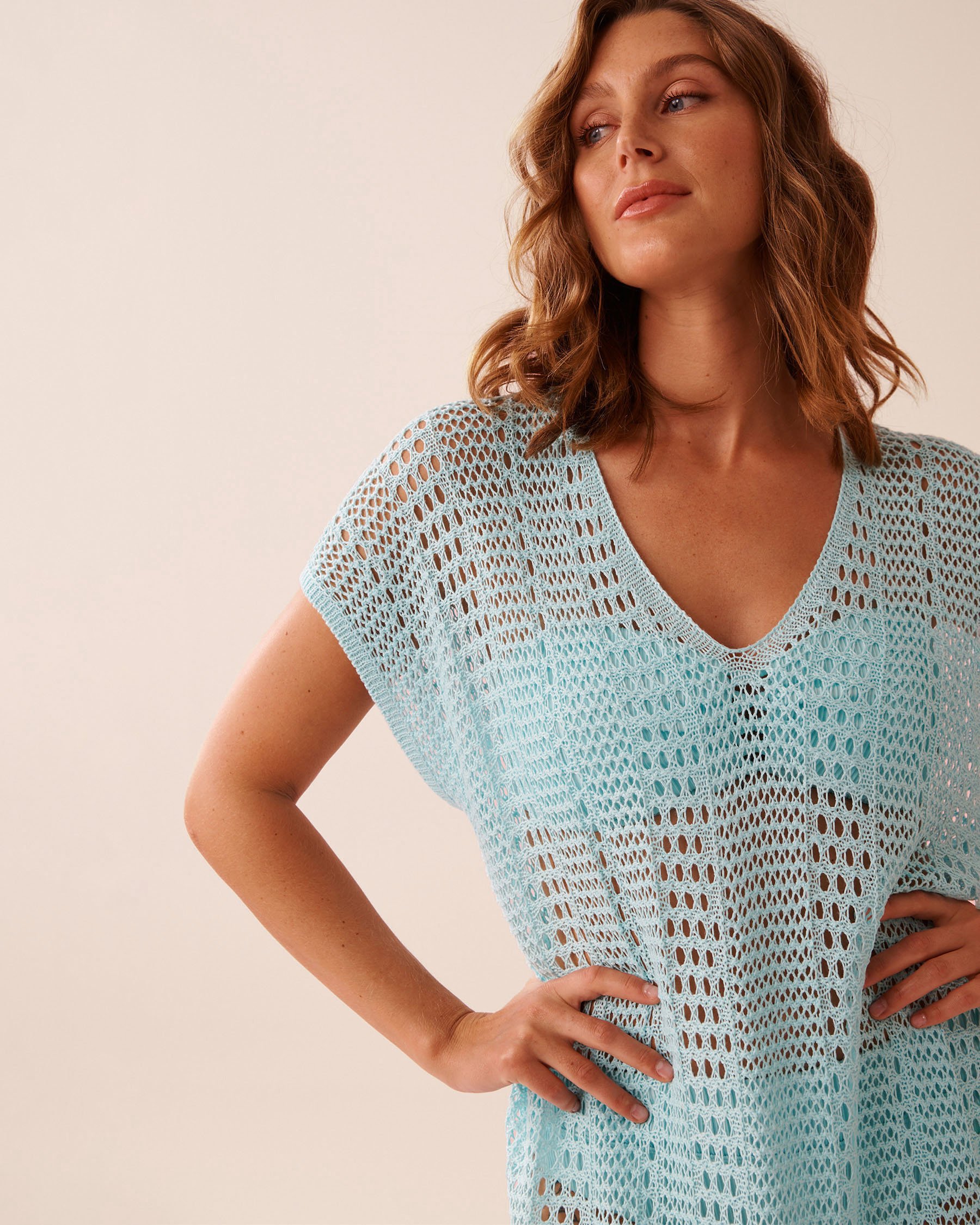 LA VIE EN ROSE AQUA Short Sleeve Crochet Tunic Caribbean Sea 80400076 - View3
