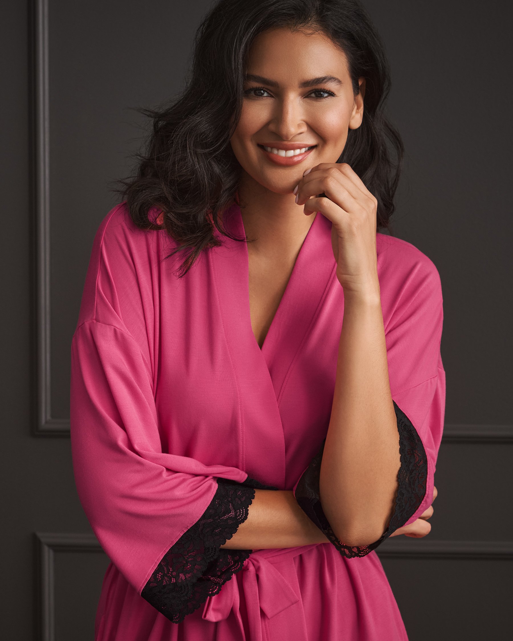 LA VIE EN ROSE Lace Trim Modal Kimono Fuchsia Pink 60600112 - View1
