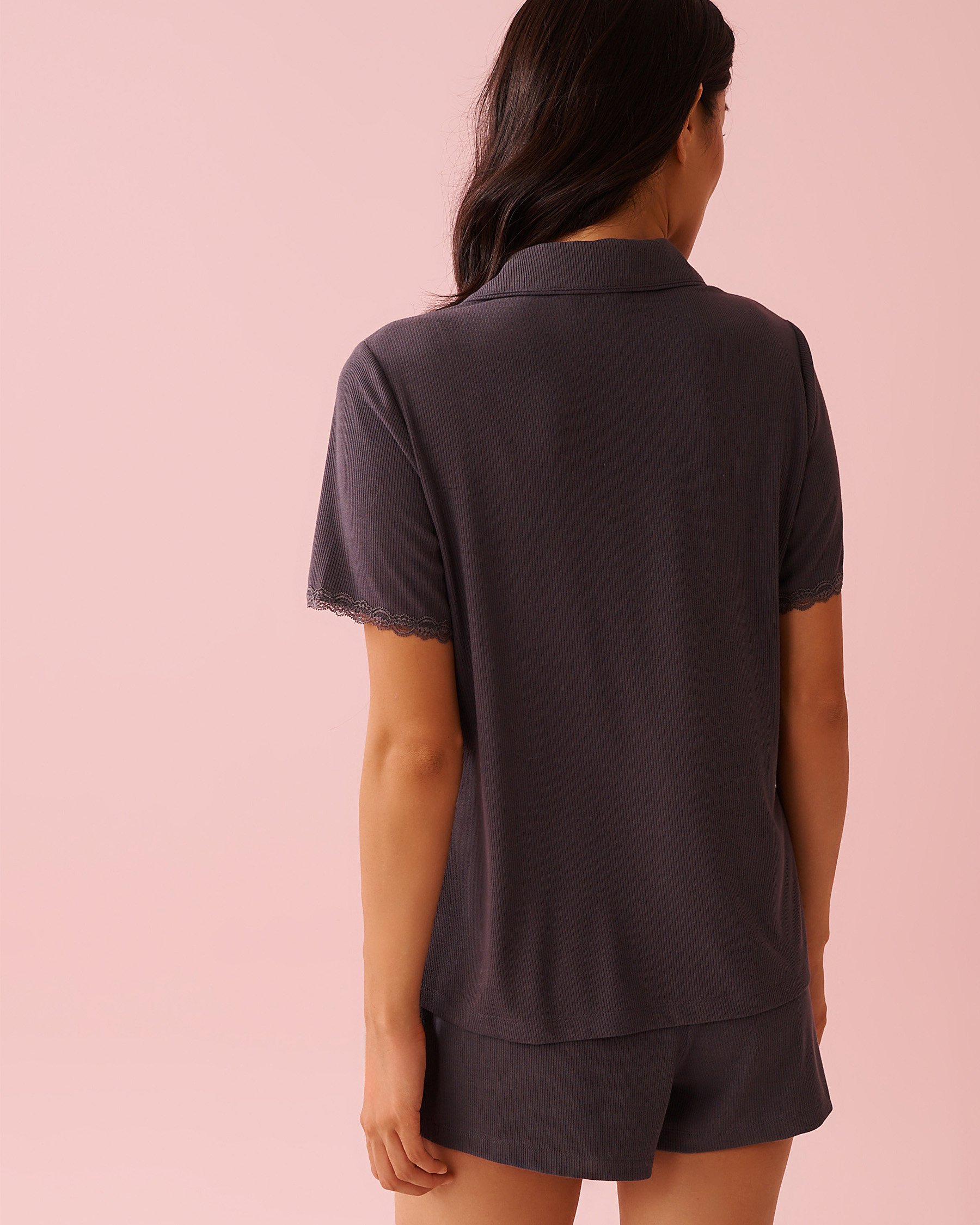 LA VIE EN ROSE Ribbed Modal Short Sleeve Button-down Shirt Anthracite 60100177 - View2