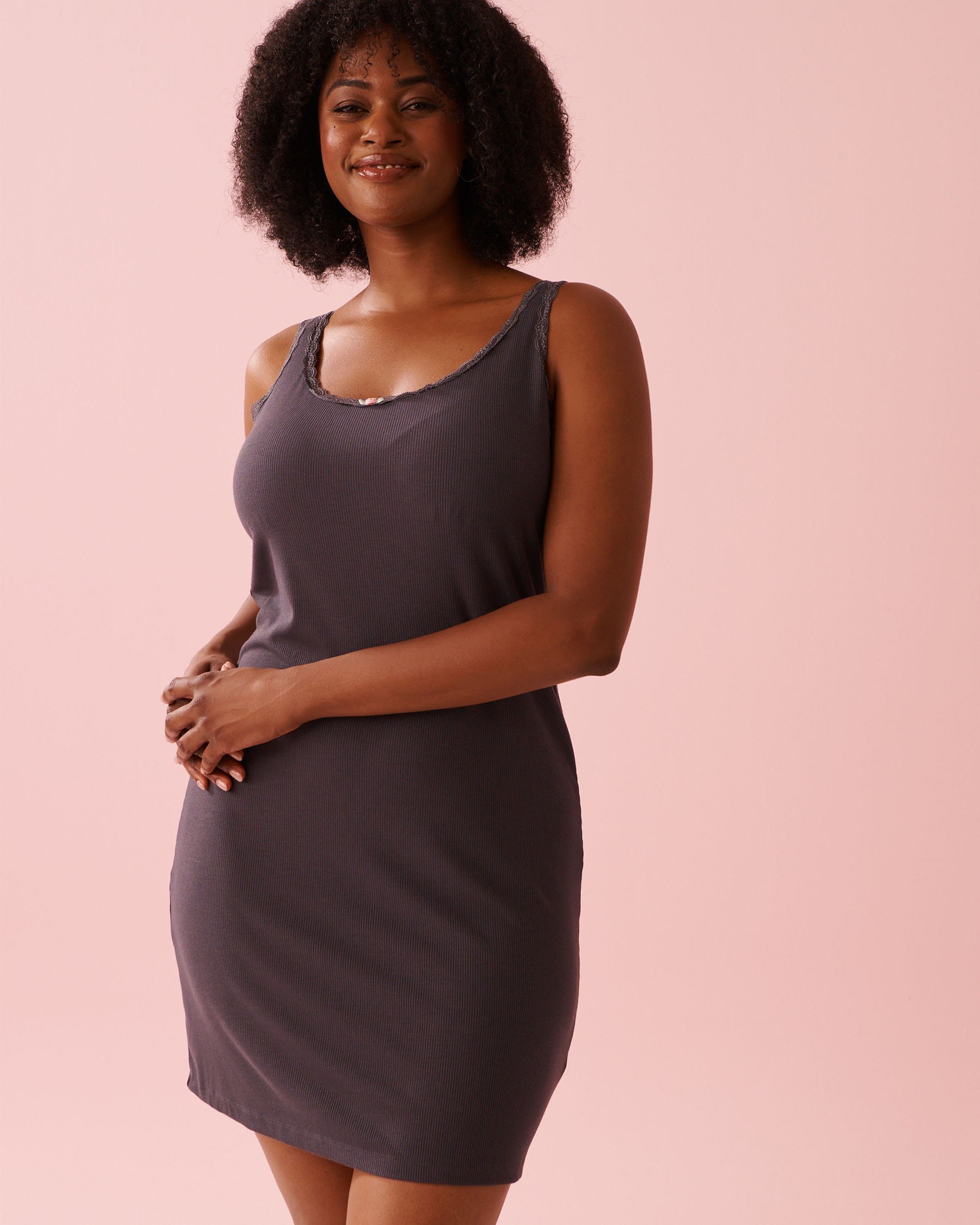 LA VIE EN ROSE Ribbed Modal and Lace Trim Nightie with Shelf Bra Anthracite 60500221 - View1