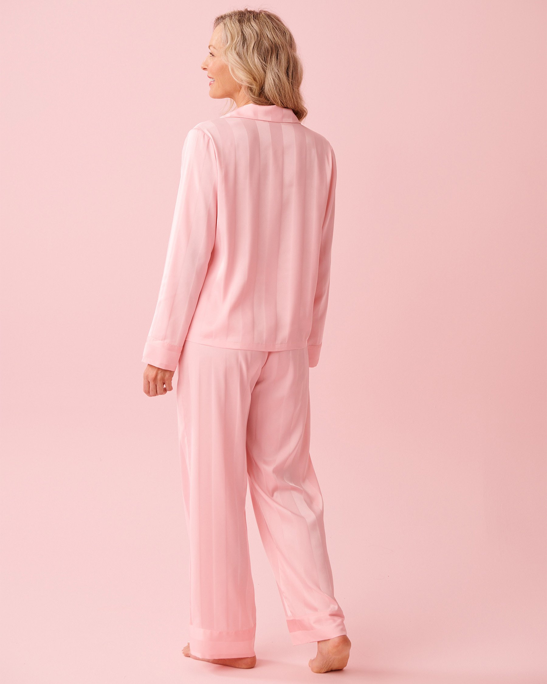 LA VIE EN ROSE Striped Long Sleeve Satin Pajama Set Dreamy Pink 60400069 - View2