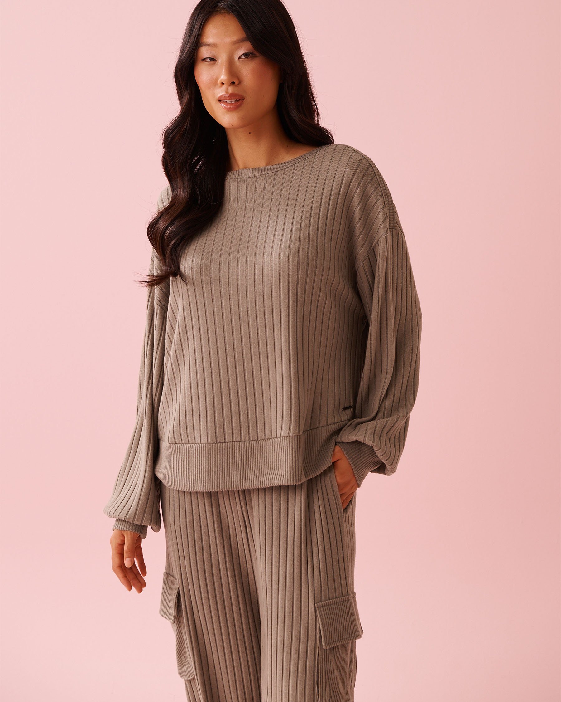 LA VIE EN ROSE Ribbed Knit Long Sleeve Shirt Taupe 50100122 - View1
