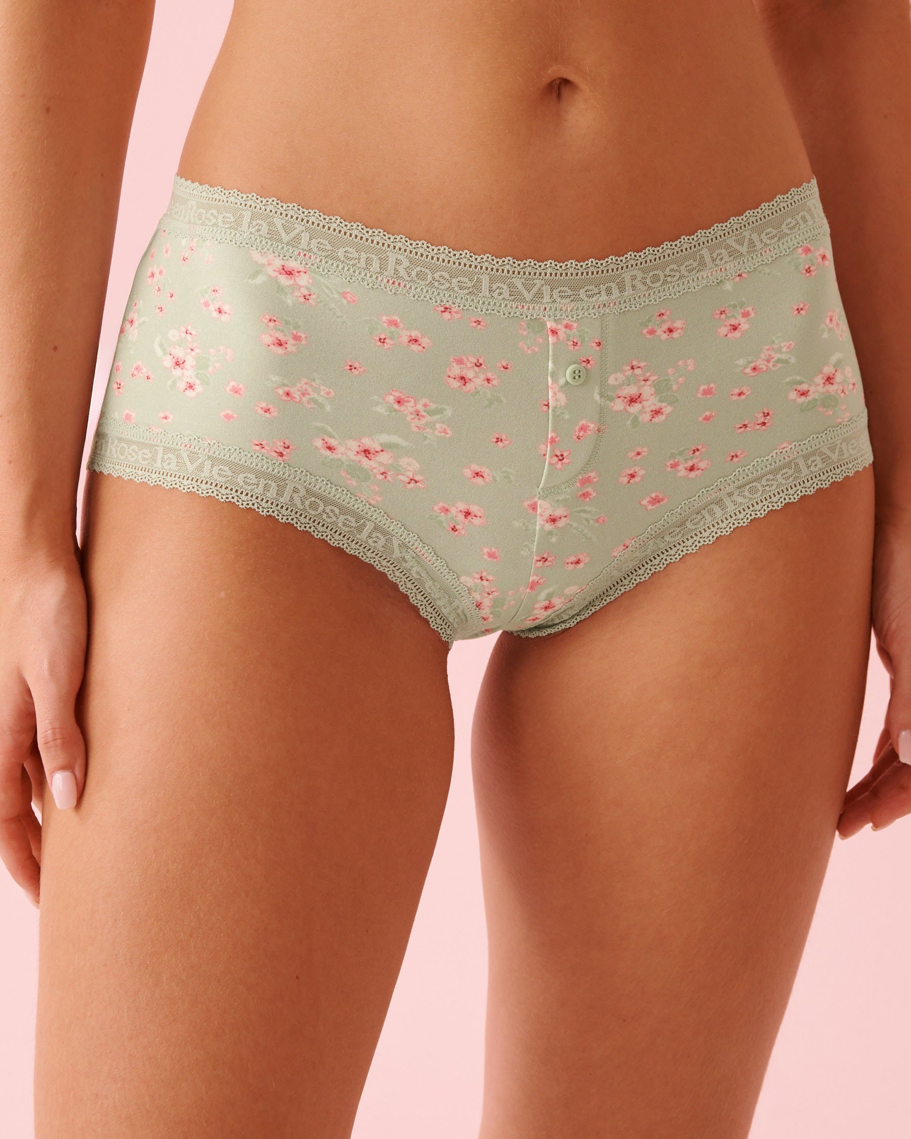 LA VIE EN ROSE Super Soft Lace Trim Boyshort Panty Green/Pink Flowers 20100719 - View1