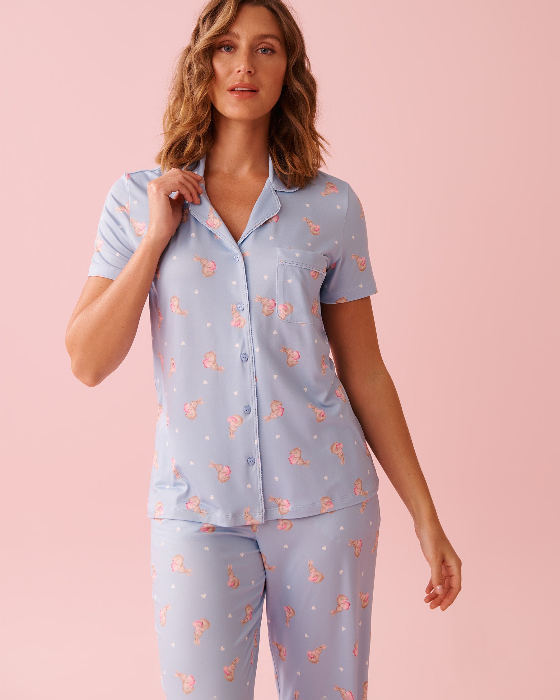LA VIE EN ROSE Bunny Print Super Soft Short Sleeve Button-down Shirt Cloud Blue 40100827 - View1