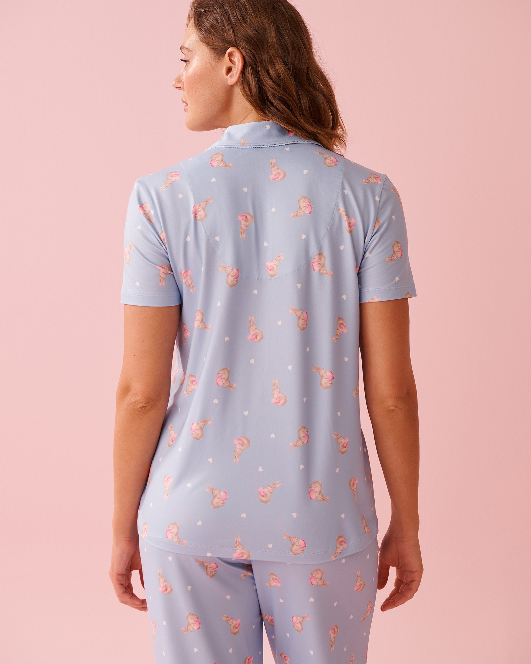 LA VIE EN ROSE Bunny Print Super Soft Short Sleeve Button-down Shirt Cloud Blue 40100827 - View2