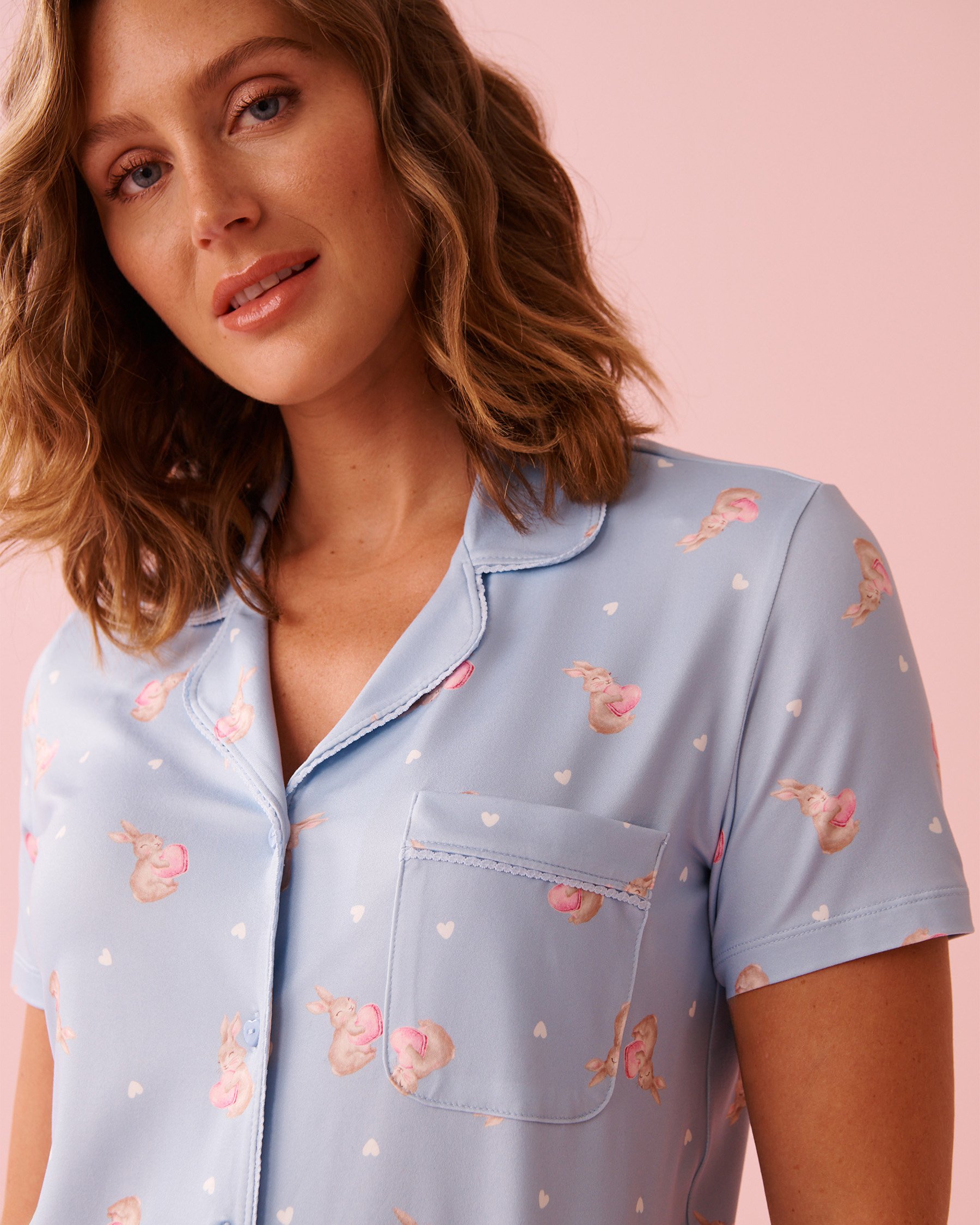 LA VIE EN ROSE Bunny Print Super Soft Short Sleeve Button-down Shirt Cloud Blue 40100827 - View3