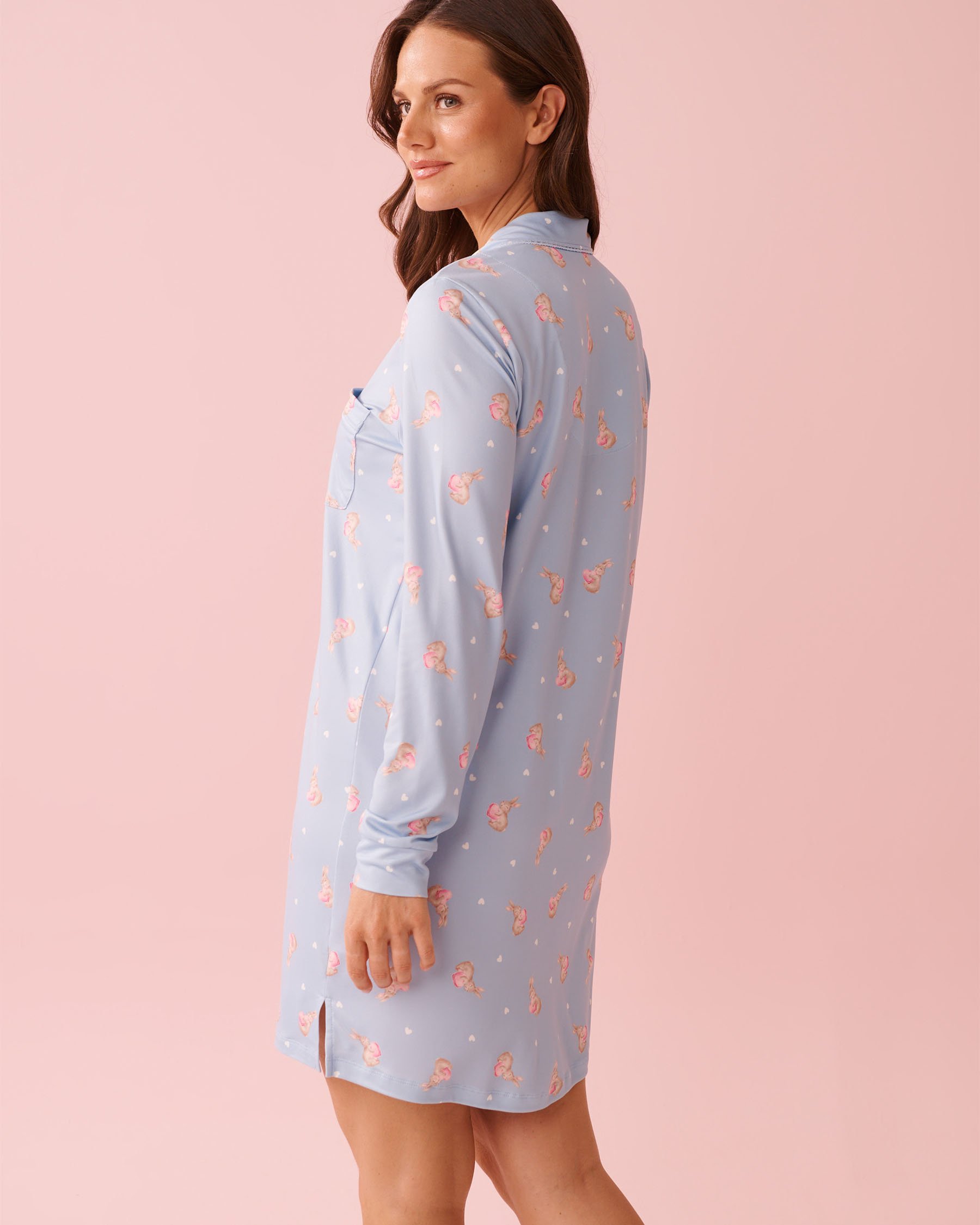 LA VIE EN ROSE Bunny Print Super Soft Button-down Sleepshirt Cloud Blue 40500473 - View2