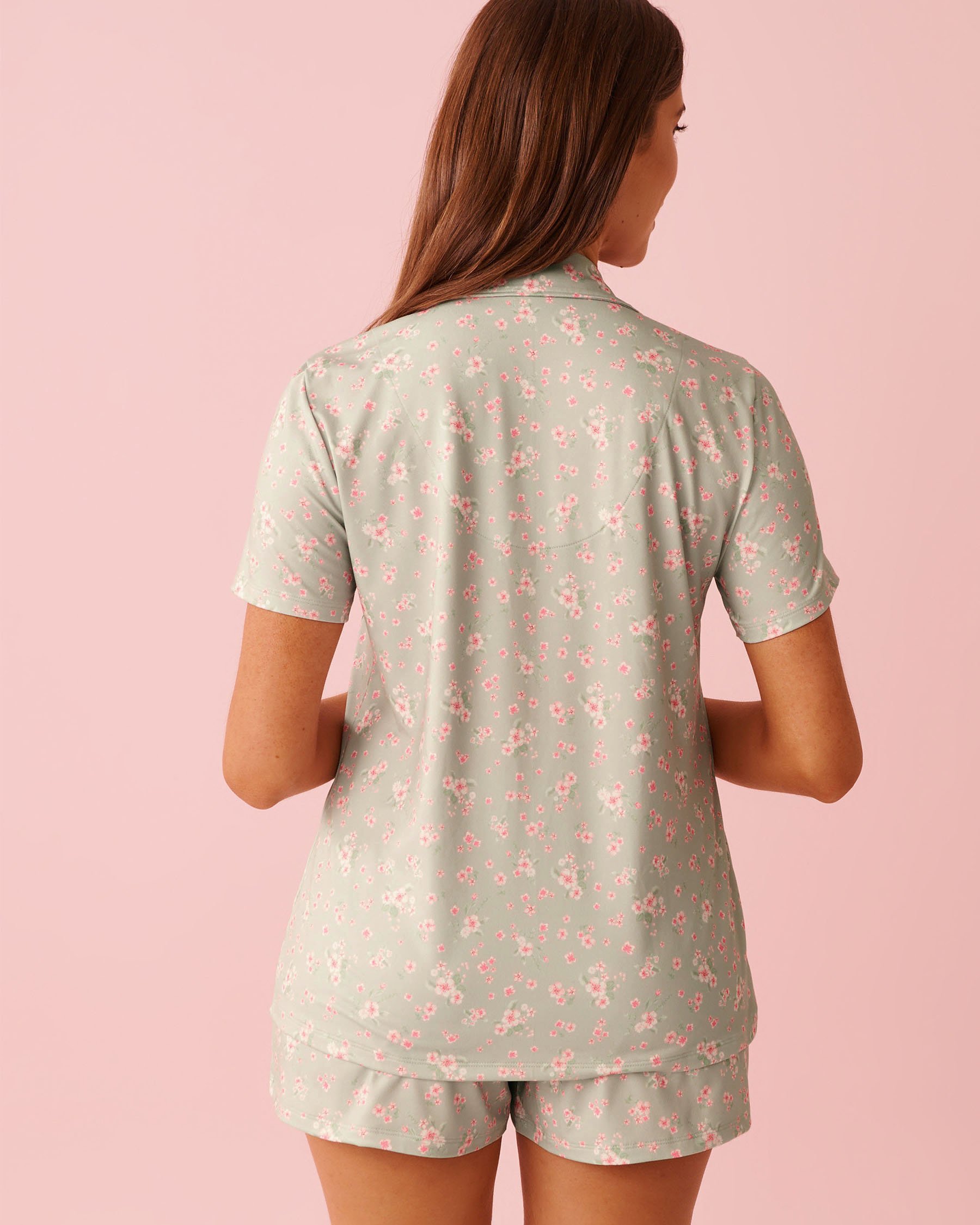 LA VIE EN ROSE Cherry Blossom Print Super Soft Short Sleeve Button-down Shirt Mineral Green 40100833 - View2