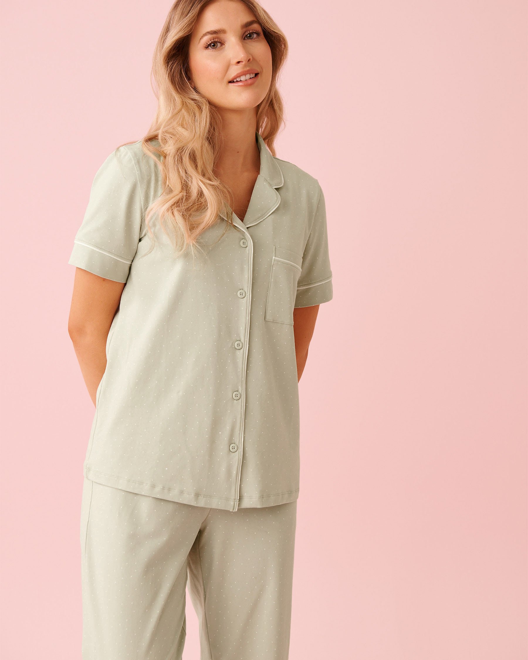 LA VIE EN ROSE Cotton Short Sleeve Button-down Shirt Green Polka Dot 40100824 - View1