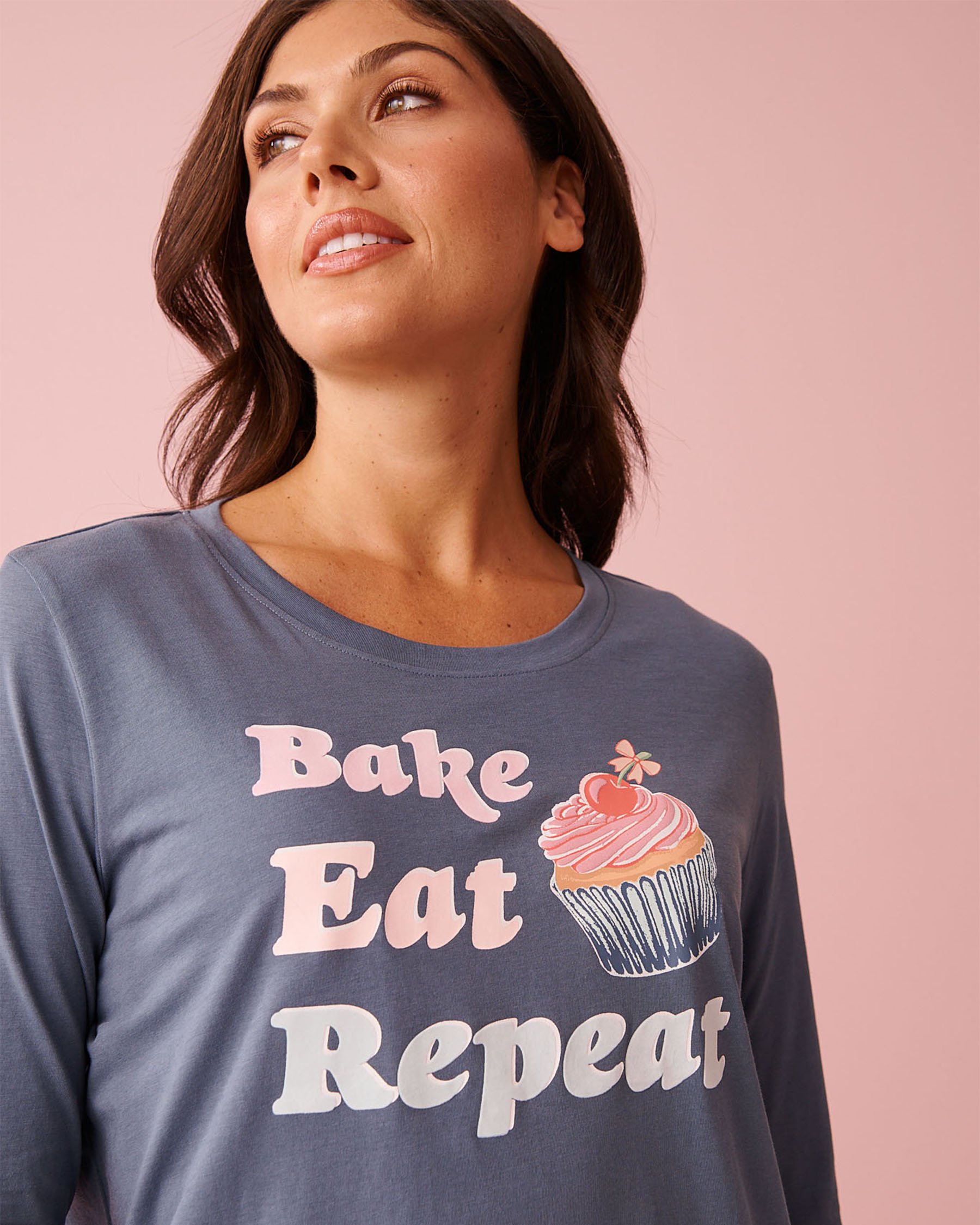 LA VIE EN ROSE Cupcake Print Cotton Long Sleeve Shirt Misty Blue 40100835 - View3