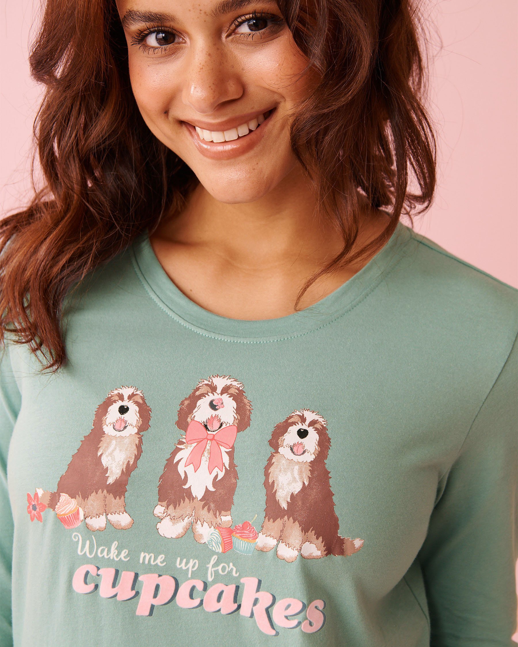 LA VIE EN ROSE Dog & Cupcake Print Cotton Long Sleeve Shirt Dusty Mint 40100835 - View3