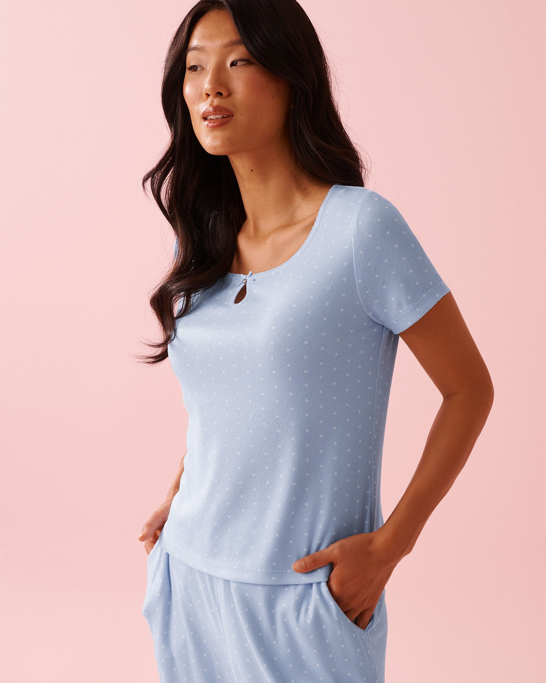 LA VIE EN ROSE Heart Print Pointelle Short Sleeve T-shirt Blue 40100821 - View1