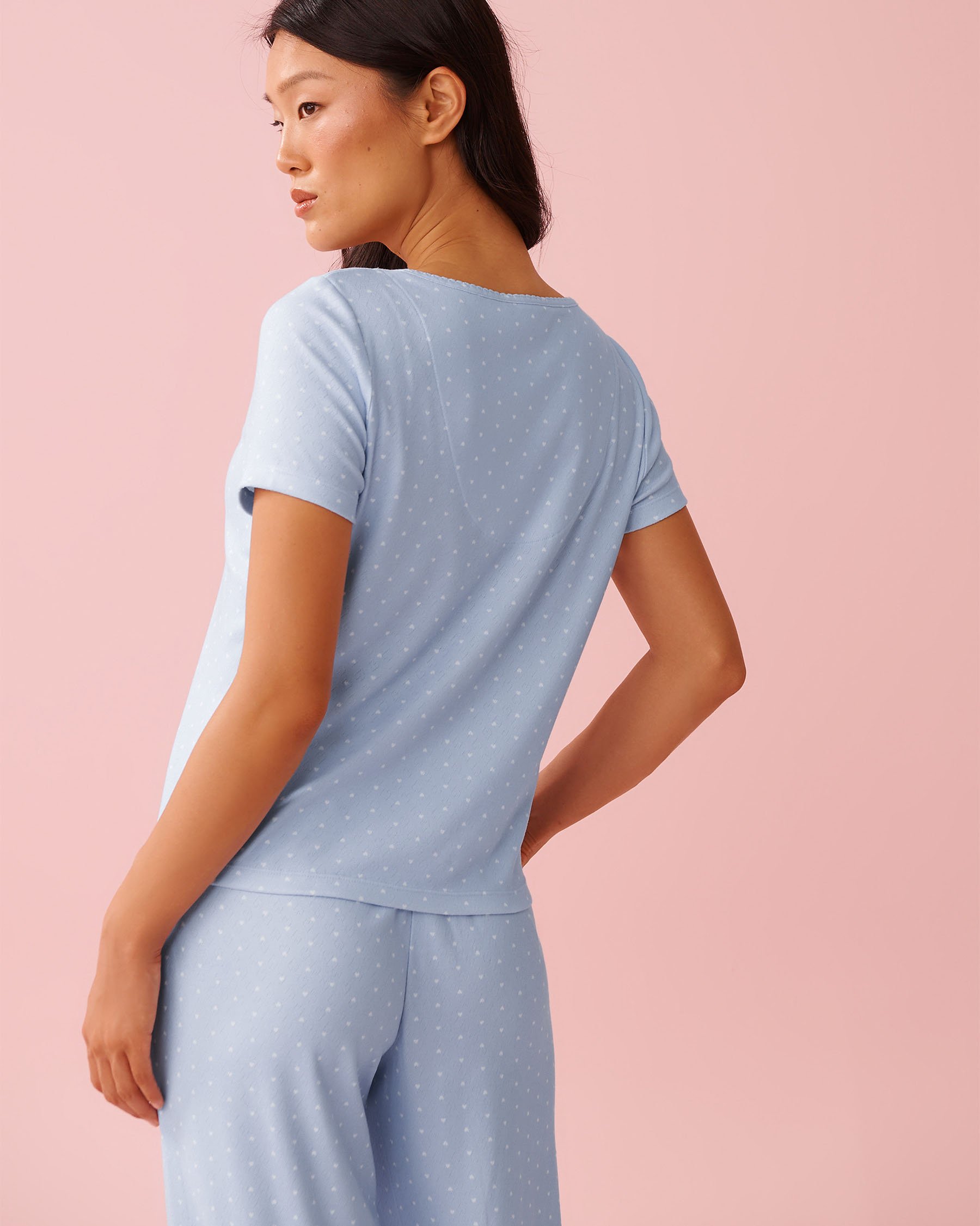 LA VIE EN ROSE Heart Print Pointelle Short Sleeve T-shirt Blue 40100821 - View2