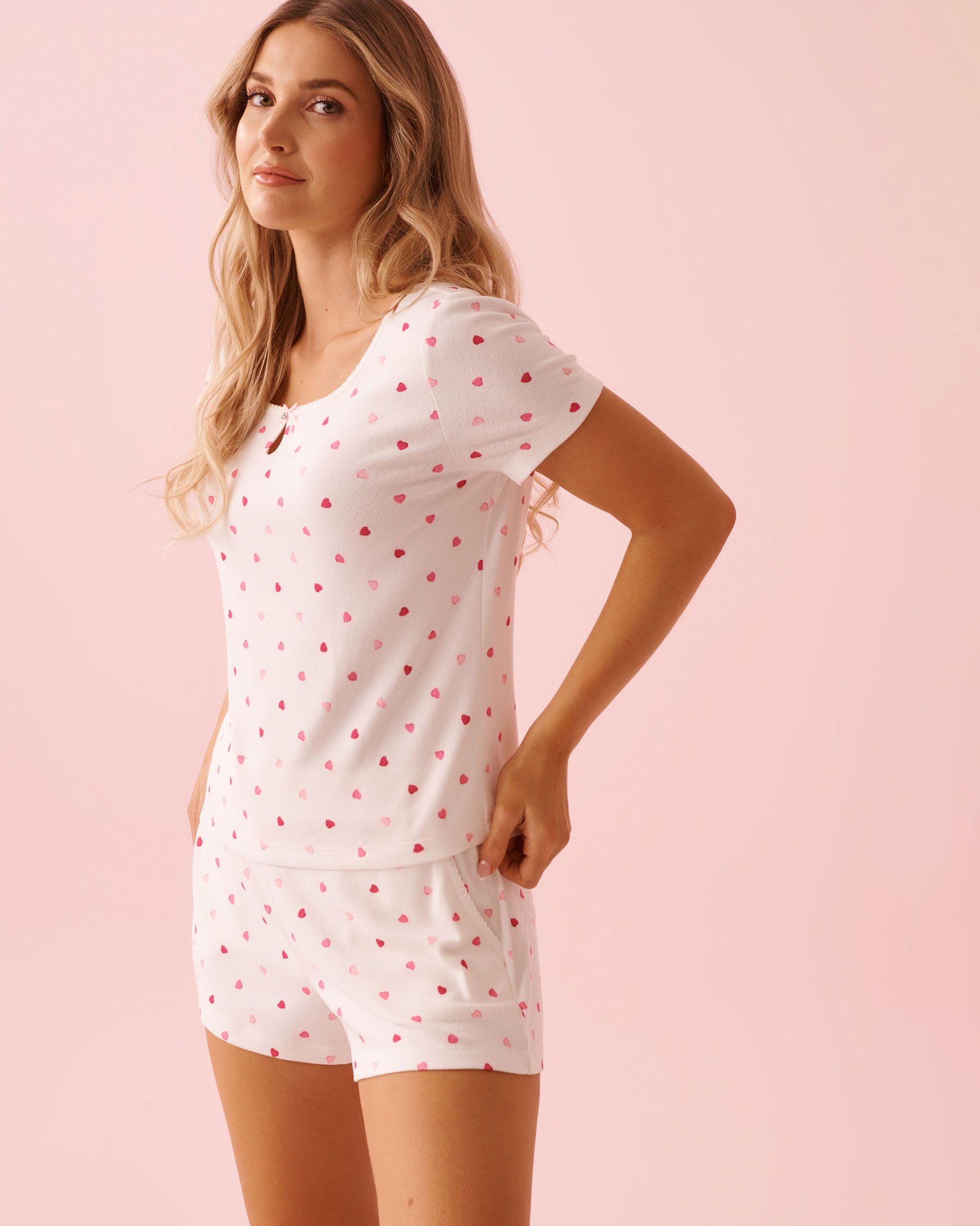 LA VIE EN ROSE Heart Print Pointelle Short Sleeve T-shirt White 40100821 - View1
