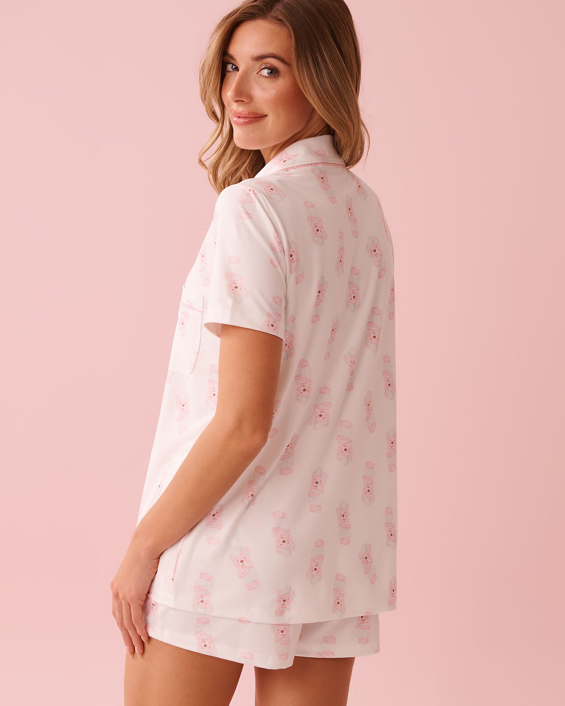 LA VIE EN ROSE Teddy Print Super Soft Short Sleeve Button-down Shirt White 40100830 - View3