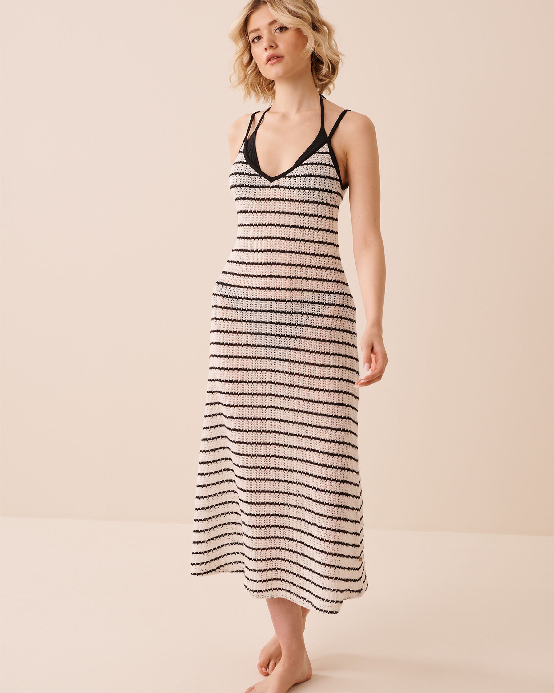 LA VIE EN ROSE AQUA Stripe Crochet Midi Dress Black & White Stripes 80300133 - View3