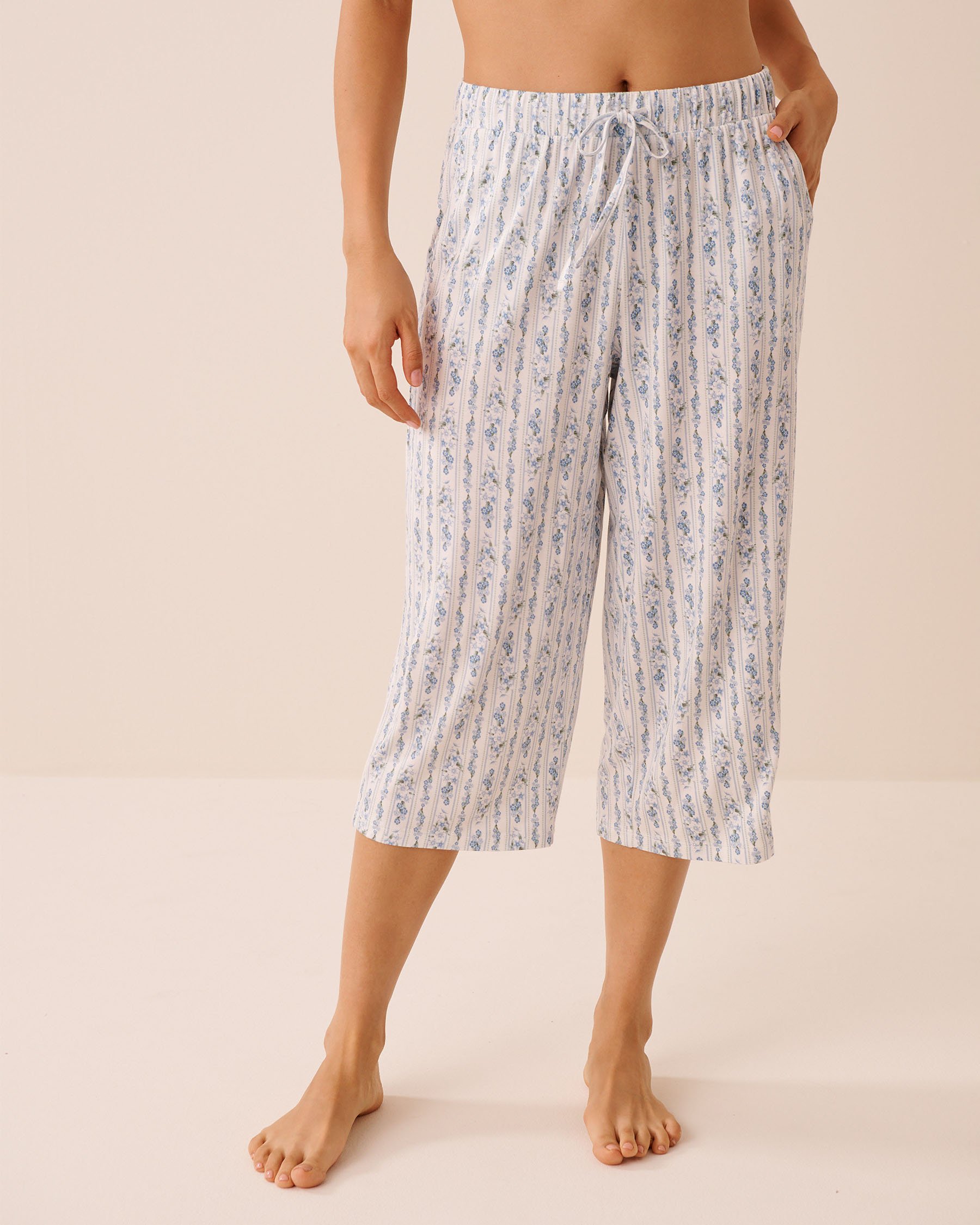 LA VIE EN ROSE Blue Floral Print Soft Jersey Pajama Capris Blue Flowers/Stripes 60200183 - View1