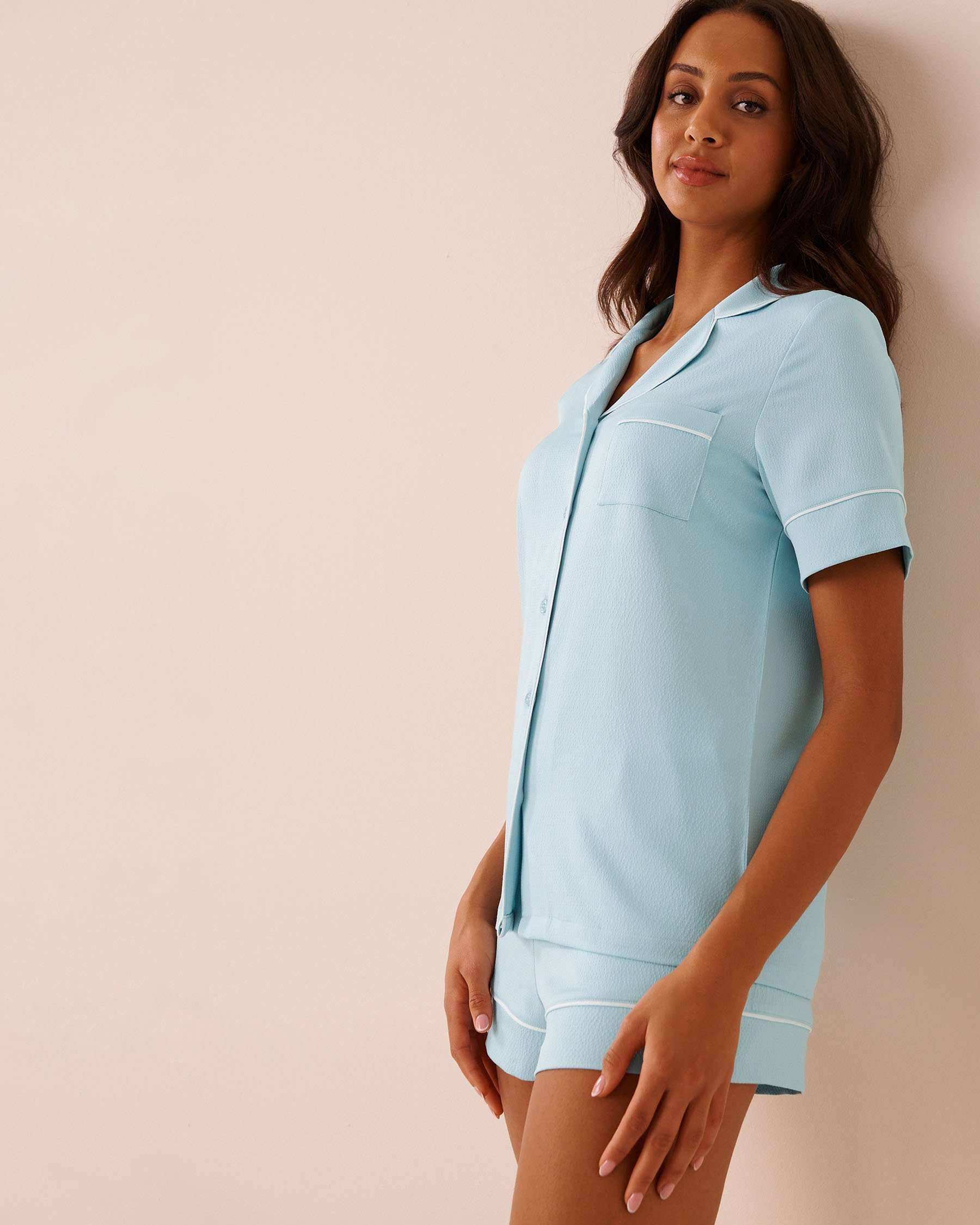 LA VIE EN ROSE Short Sleeve Textured Satin PJ Set Baby Blue 60400071 - View3