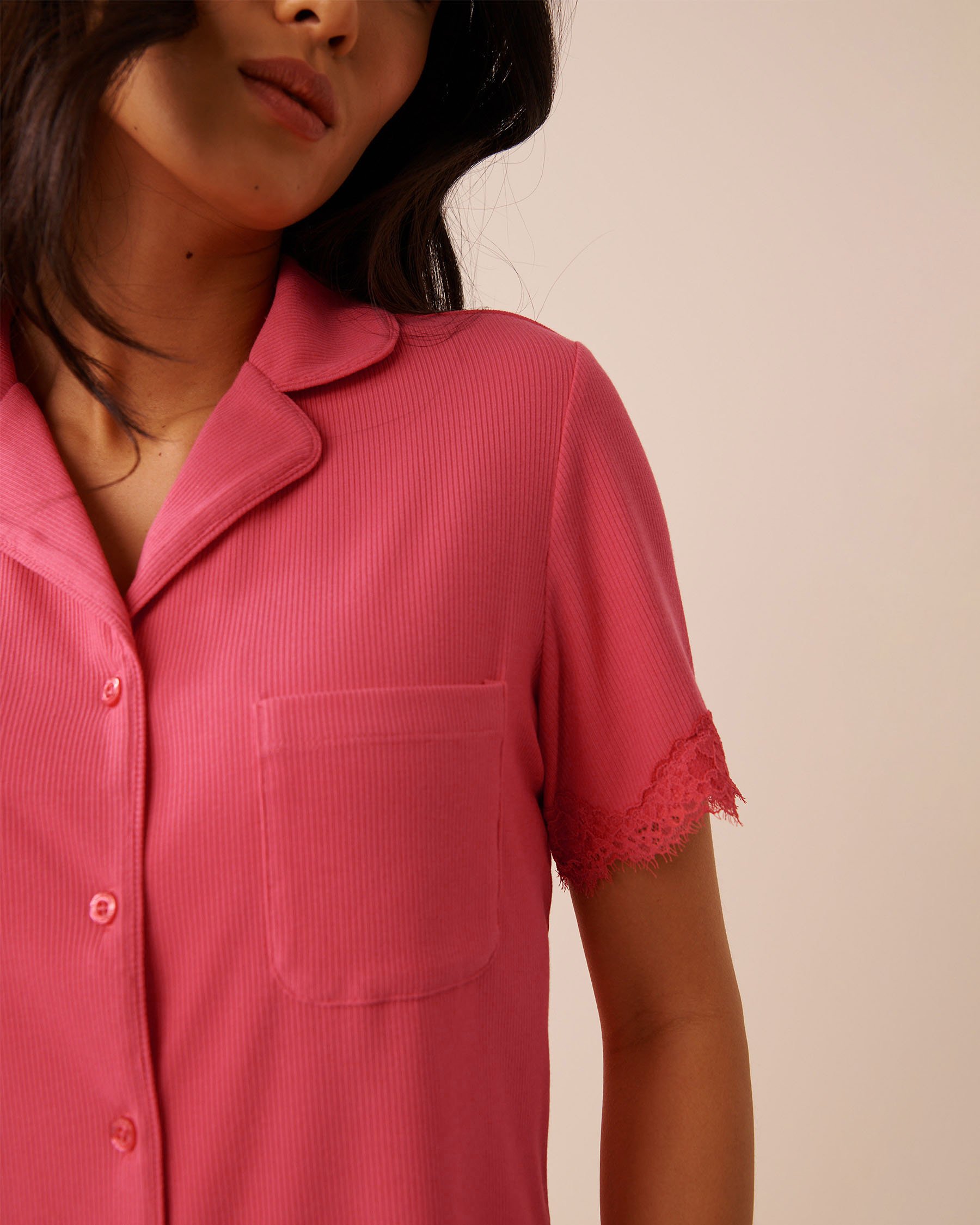 LA VIE EN ROSE Ribbed Modal Short Sleeve Button-down Shirt Berry Pink 60100187 - View3