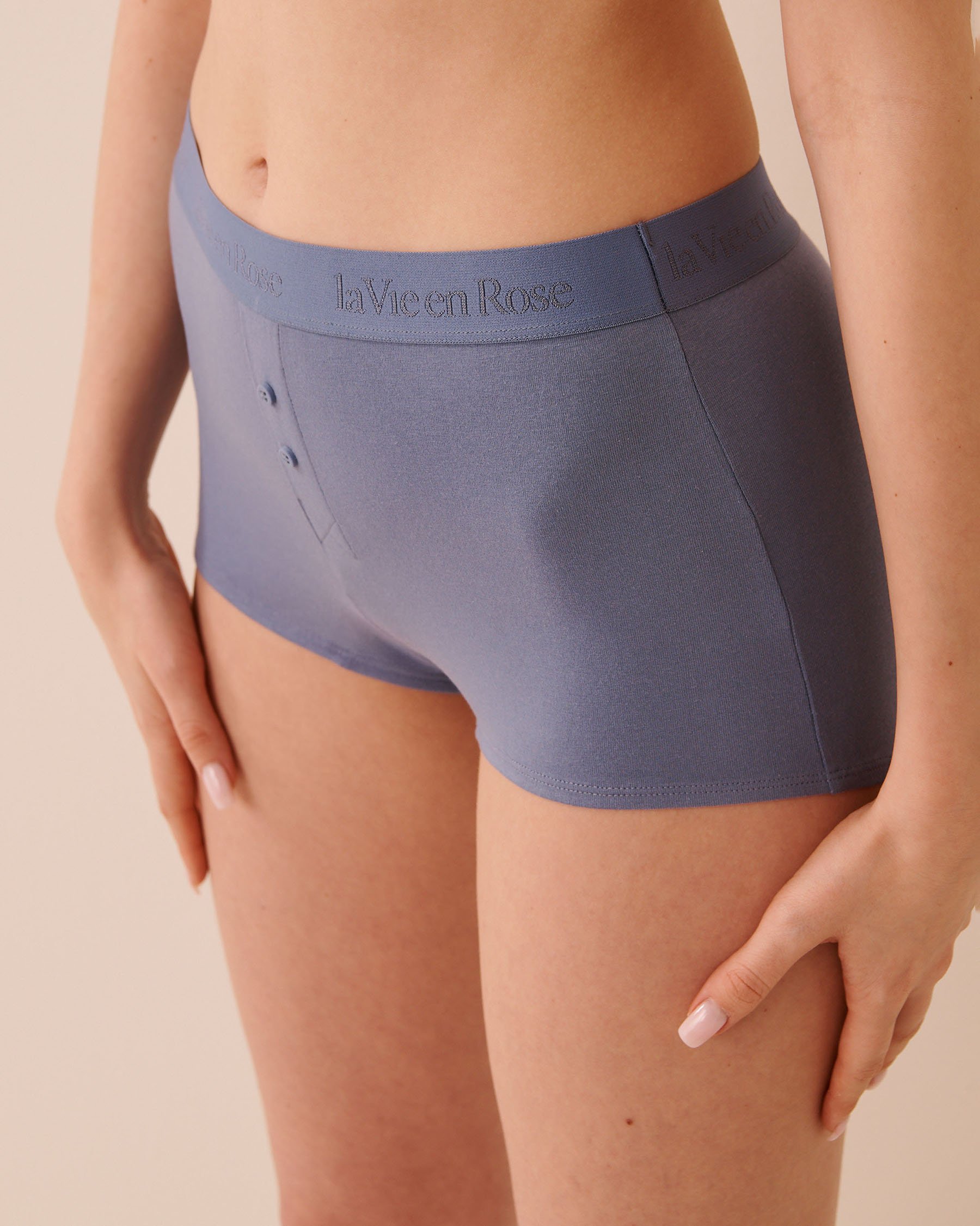 LA VIE EN ROSE Cotton and Logo Elastic Band High Waist Boyshort Panty Greyish Blue 20100736 - View1