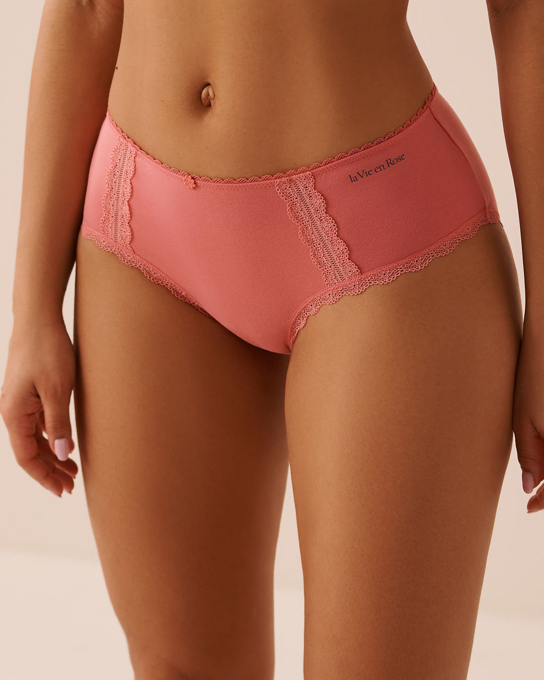 LA VIE EN ROSE Cotton and Lace Detail Hiphugger Panty Coral Pink 20100729 - View1