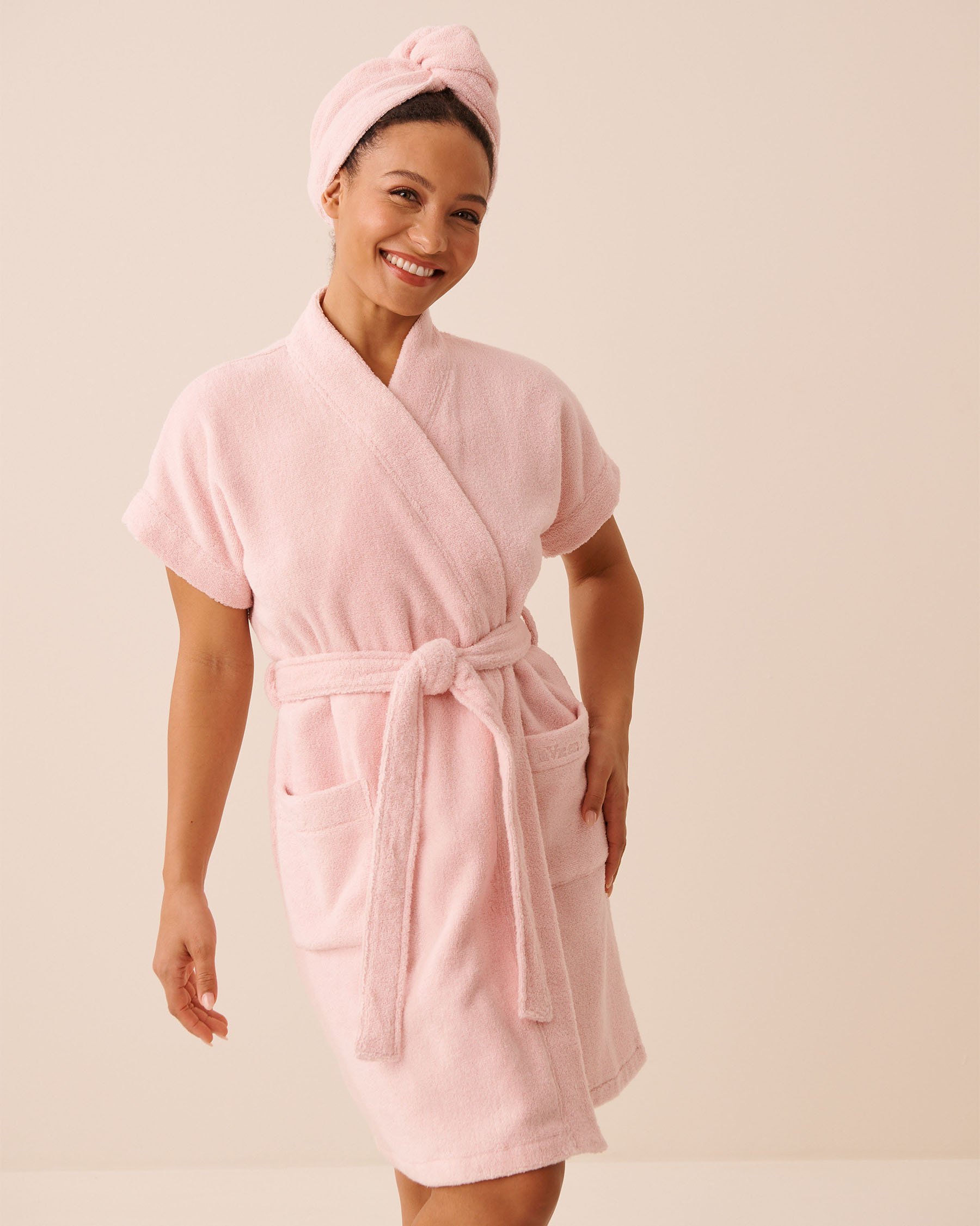 LA VIE EN ROSE Terry Bath Robe & Hair Towel Set Pink 40600230 - View5