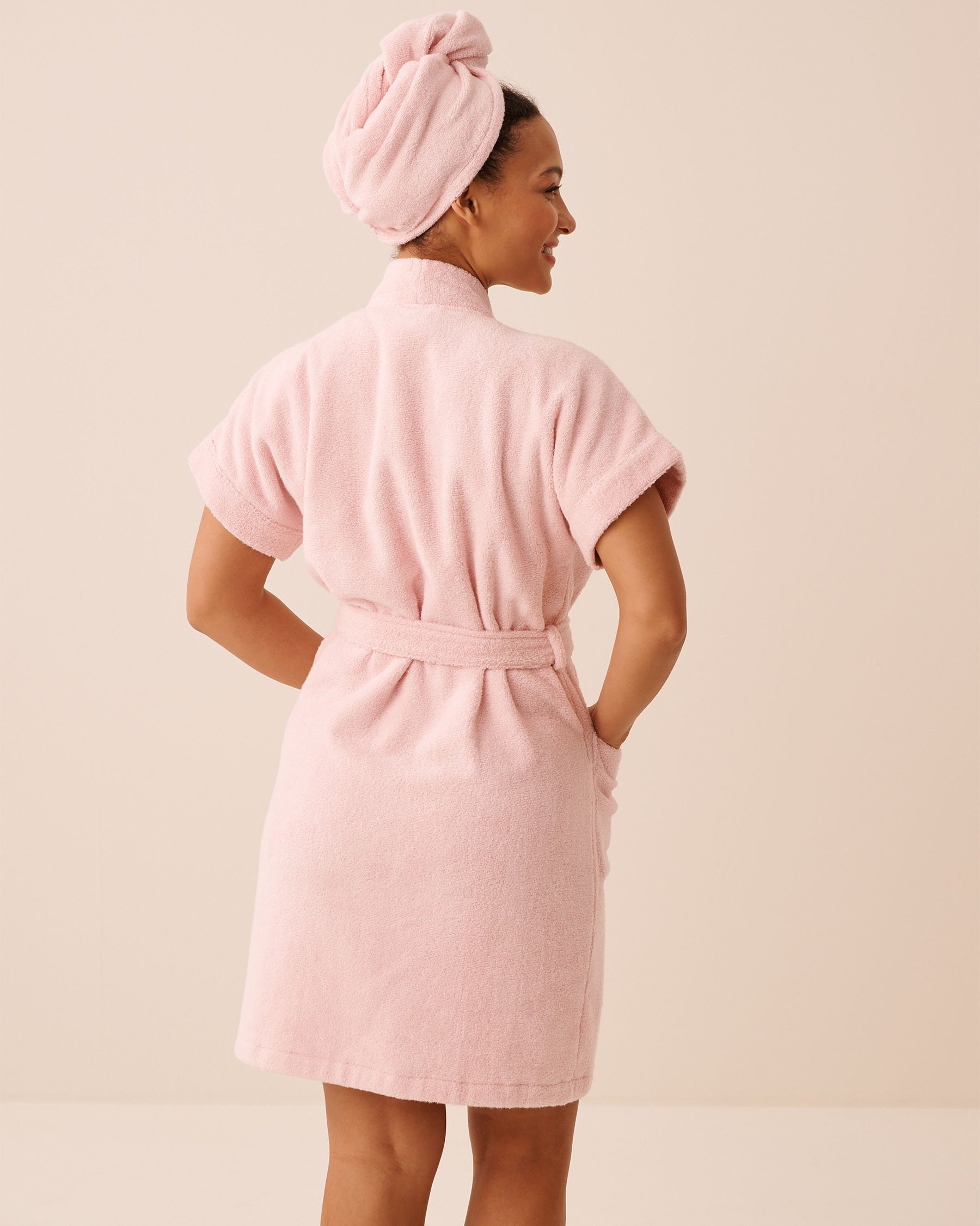 LA VIE EN ROSE Terry Bath Robe & Hair Towel Set Pink 40600230 - View6