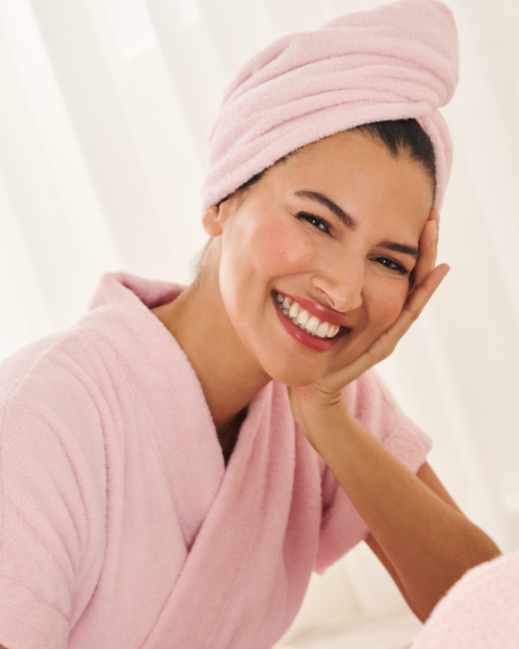 LA VIE EN ROSE Terry Bath Robe & Hair Towel Set Pink 40600230 - View3