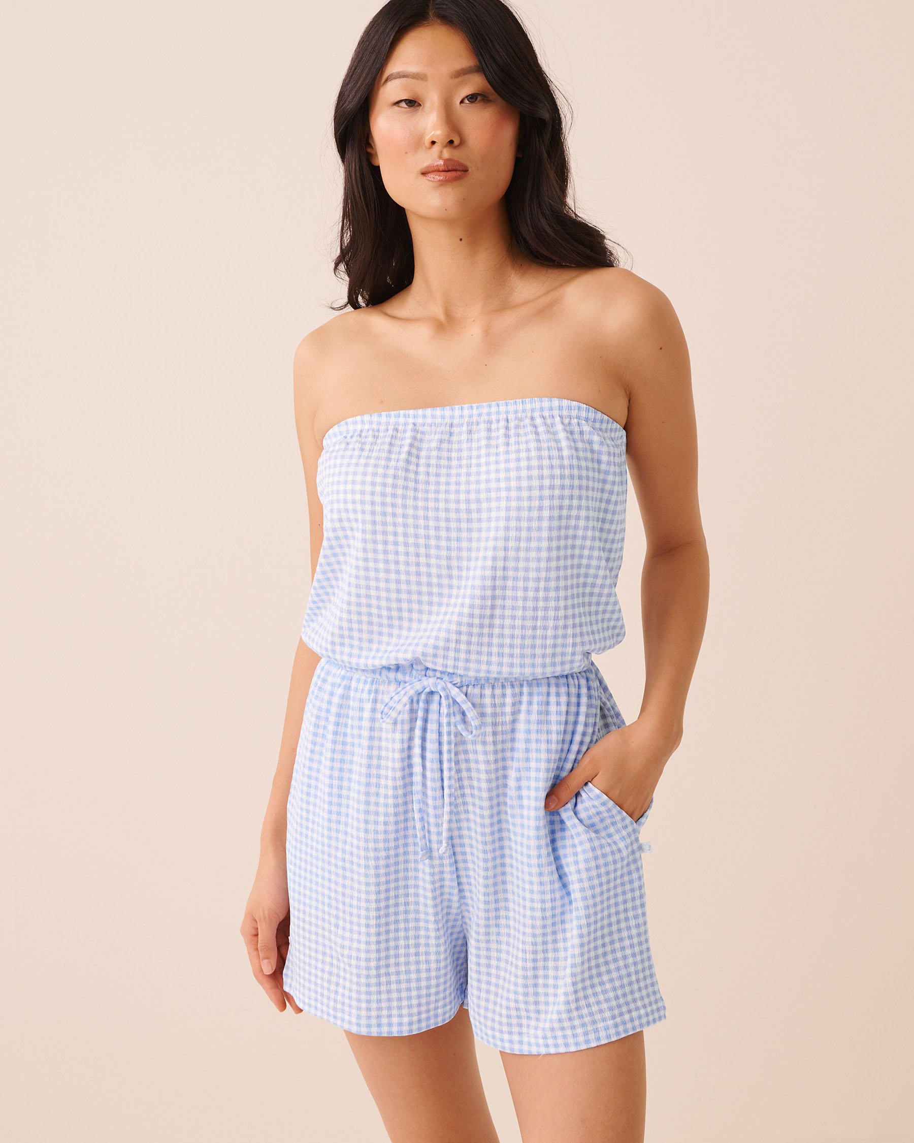 LA VIE EN ROSE AQUA Gingham Print Sleeveless Romper Blue Gingham 80300137 - View2