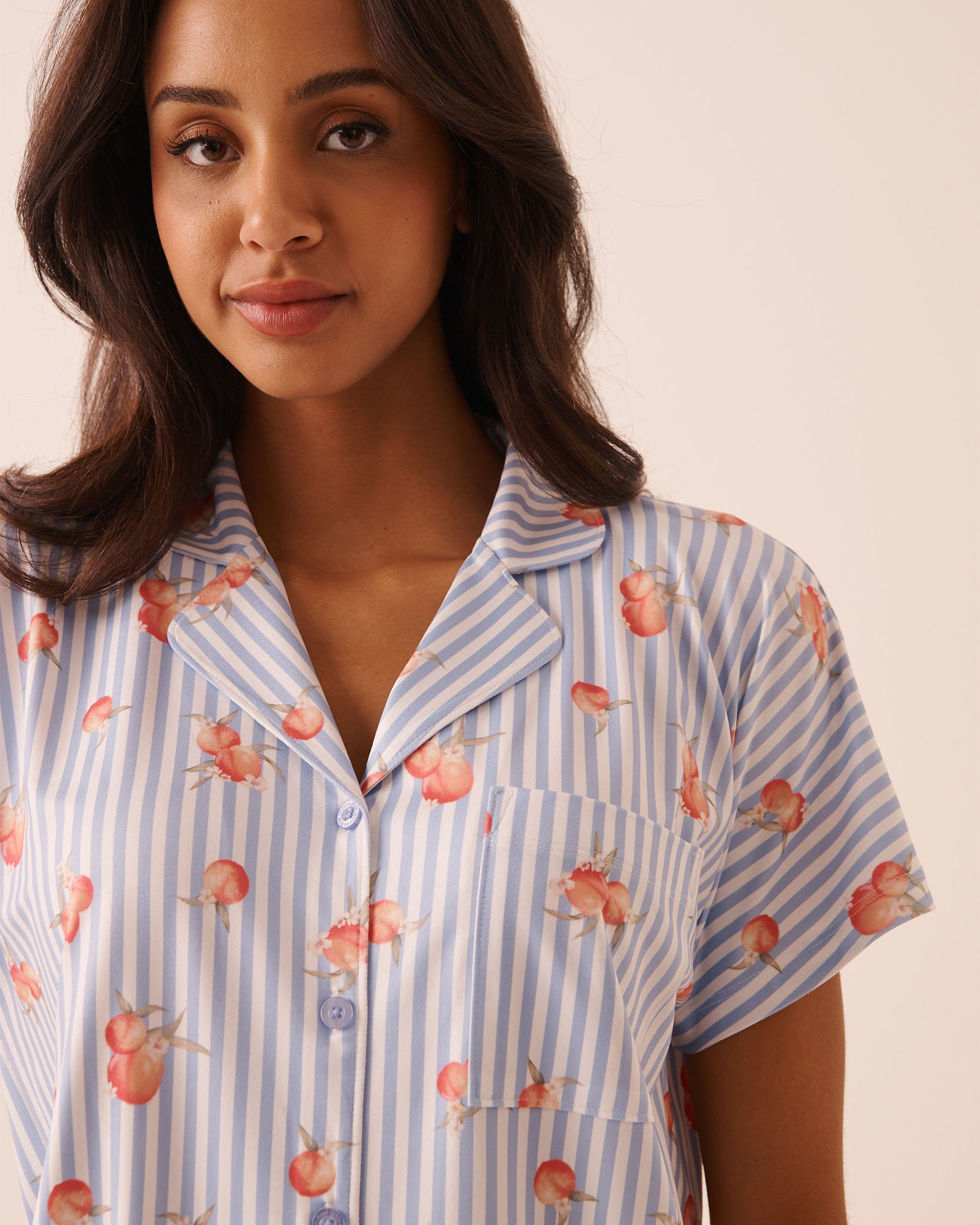 LA VIE EN ROSE Peach Stripe Print Super Soft Short Sleeve Button-down Shirt Blue Stripes/Peaches 40100867 - View3