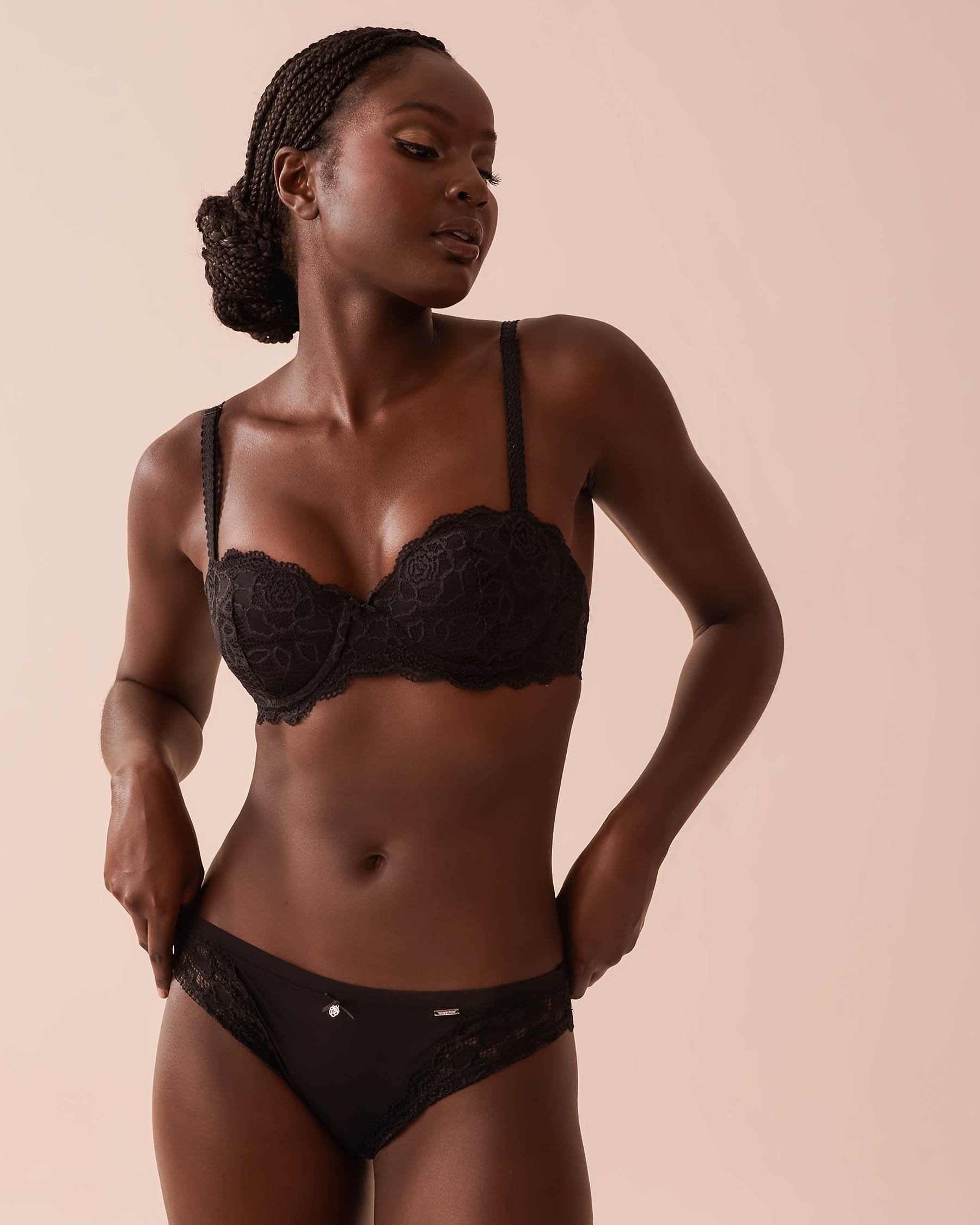 LA VIE EN ROSE Microfiber and Lace Cheeky Panty Black 20200117 - View3