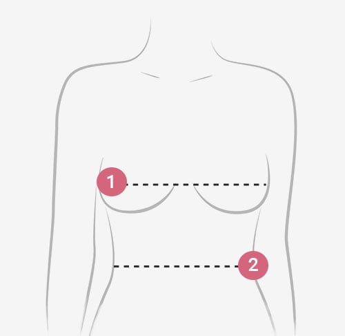 A diagram of the chest showing the locations of the two measurements to be taken: across the chest and under the bust.